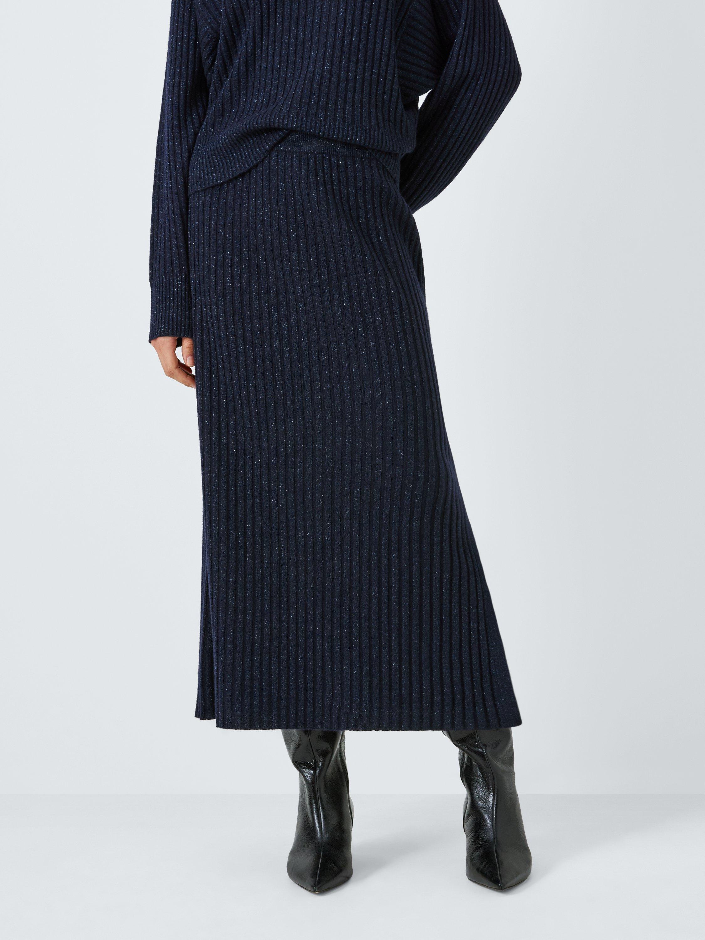 John Lewis Wool Blend Lurex Skirt, Navy