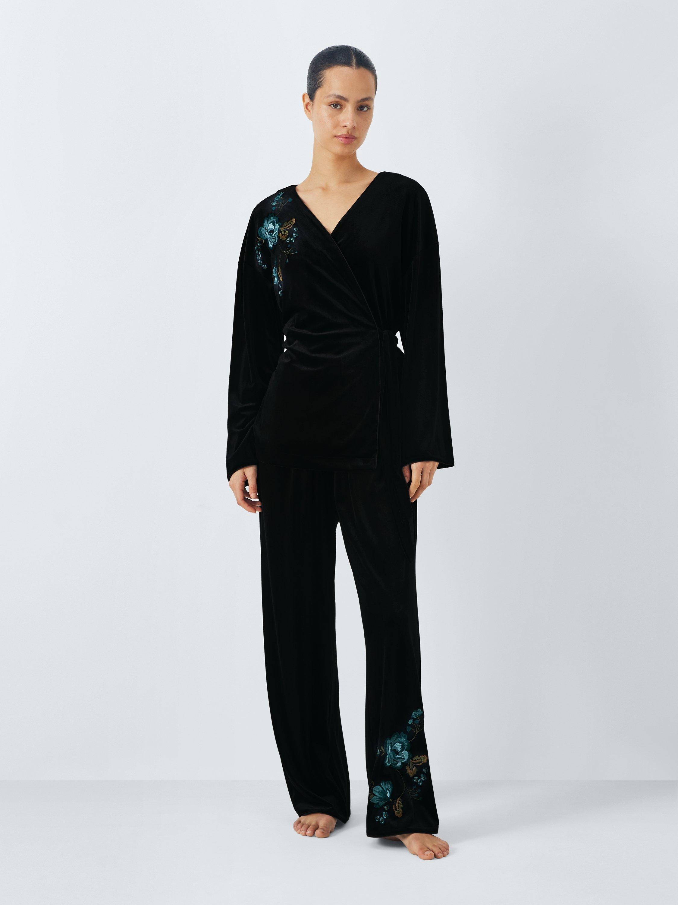 AND OR Floral Embroidered Velvet Pyjama Set Black