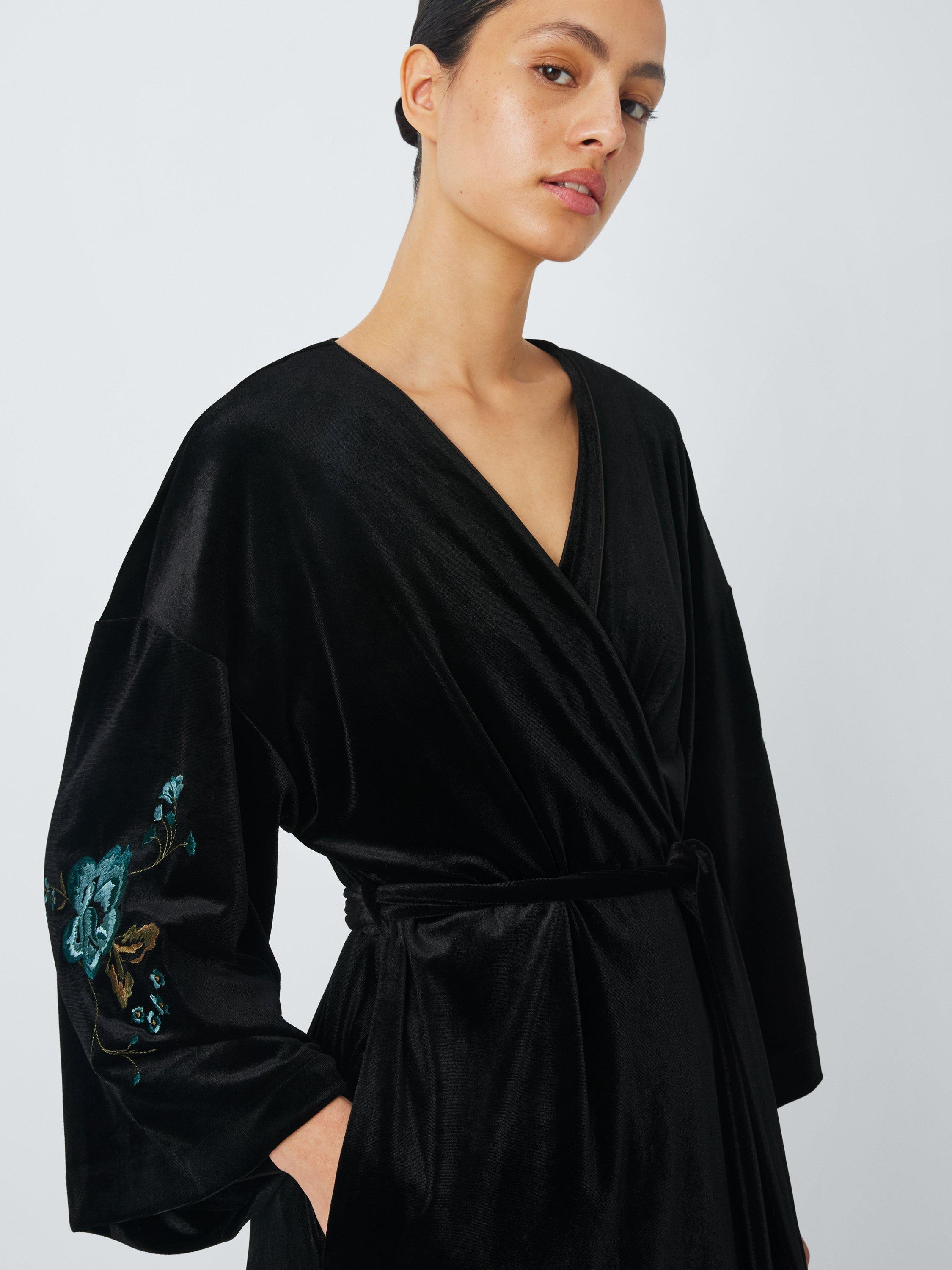 AND OR Embroidered Velvet Dressing Gown Black