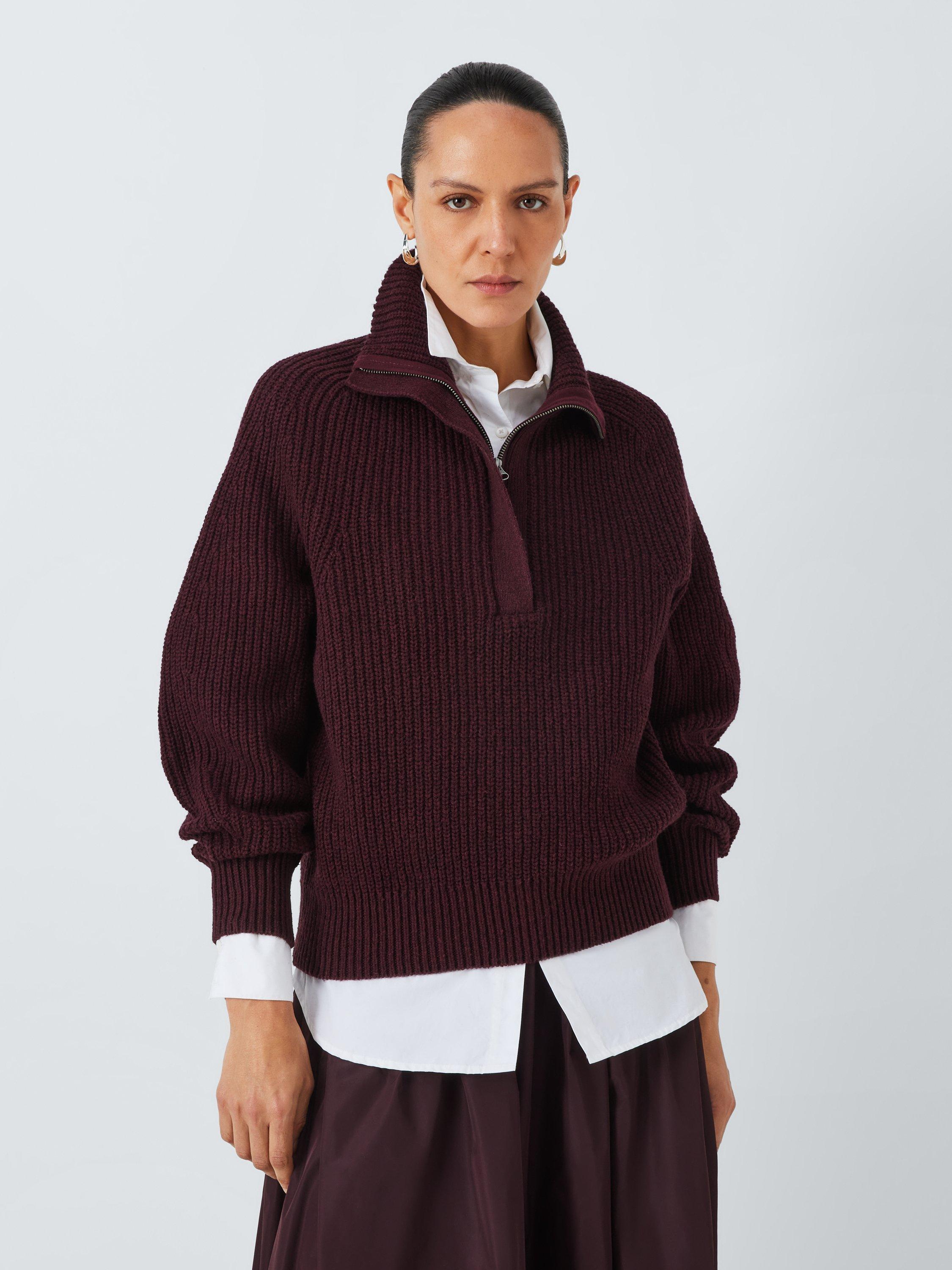 John Lewis Wool Cotton Blend Zip Neck Jumper, Berry, Berry