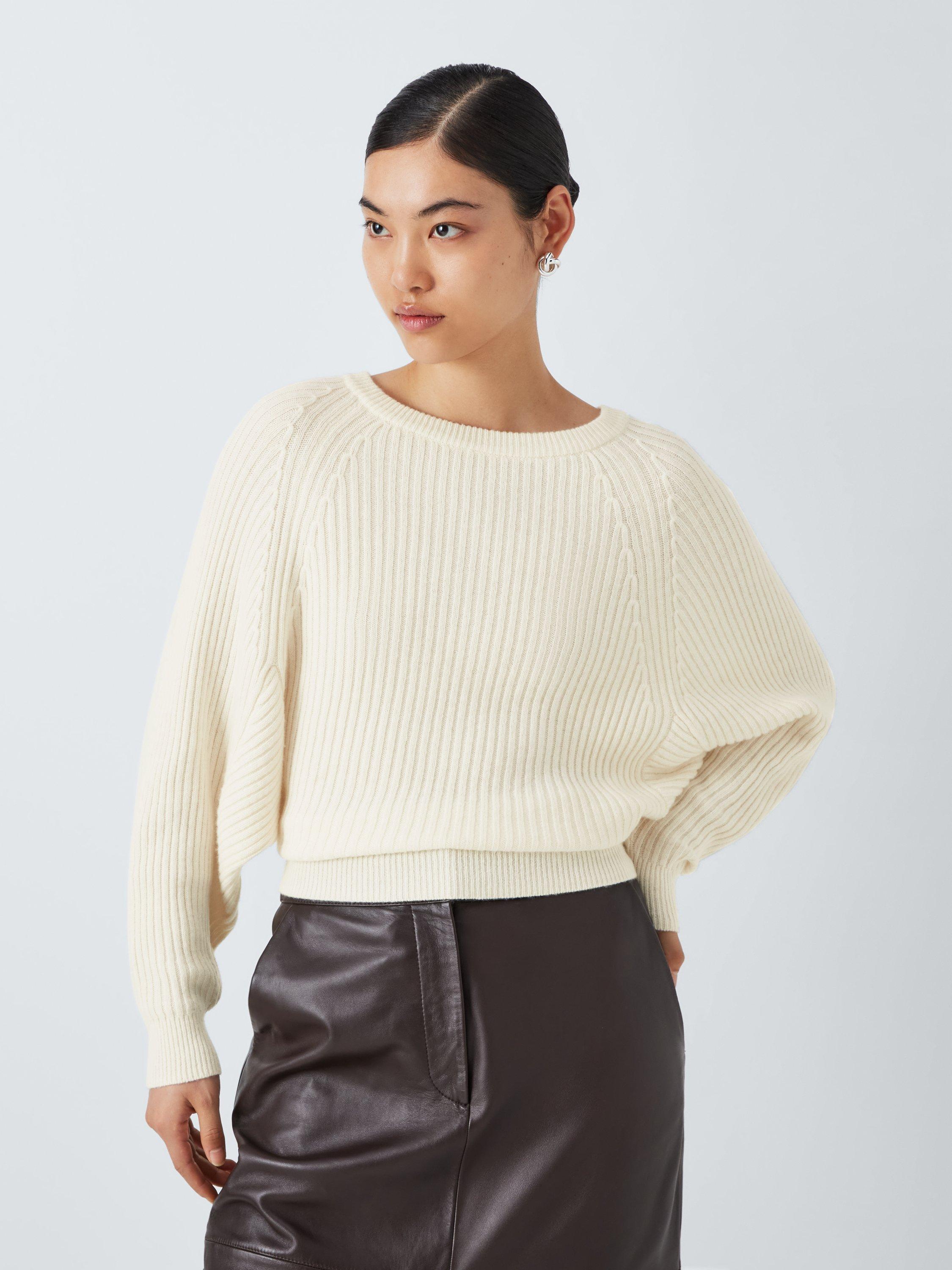 John Lewis Cotton & Wool Blend Batwing Sweater, Charcoal Grey, Ecru
