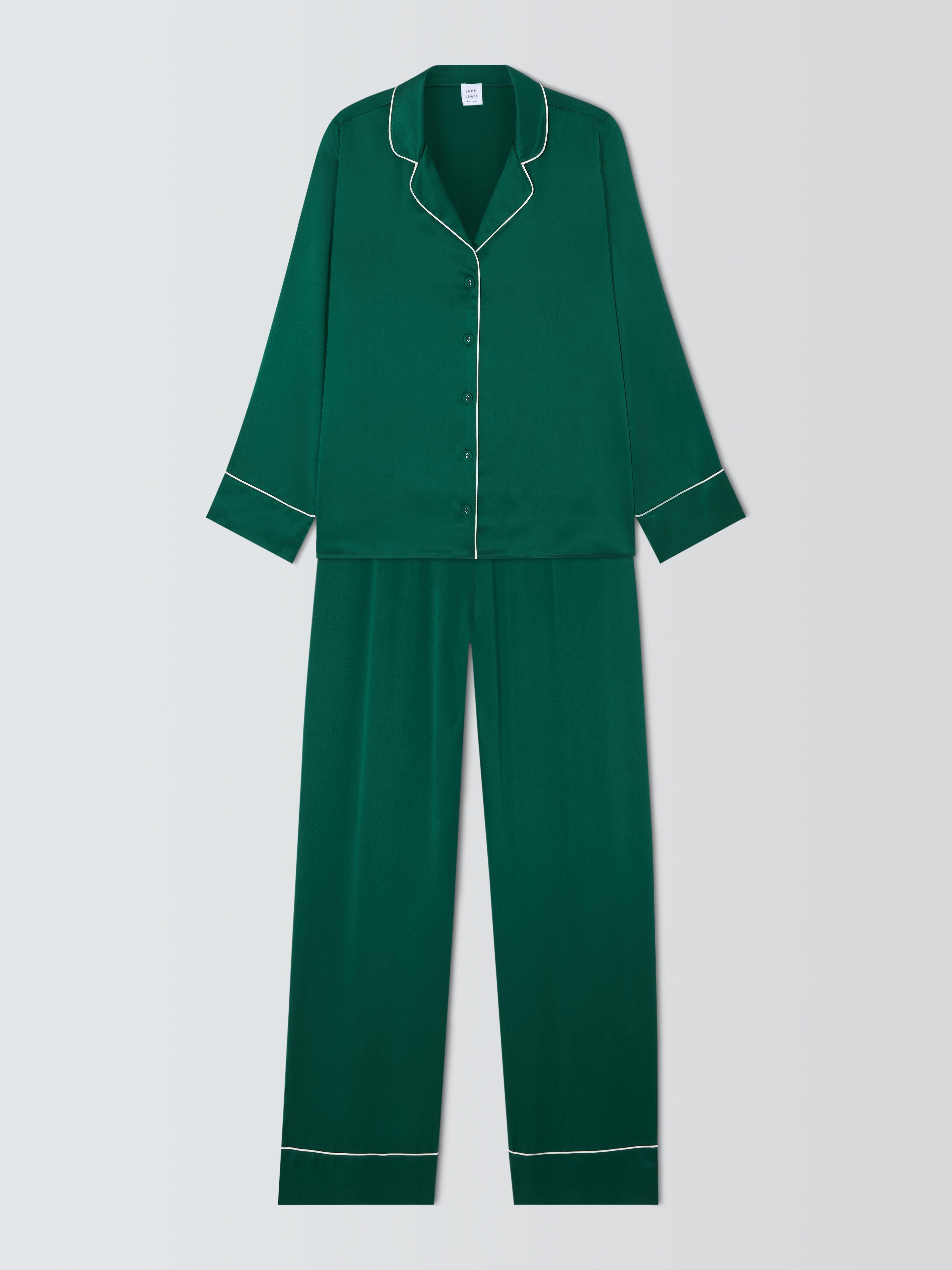 John Lewis Piped Silk Pyjama Set Evergreen