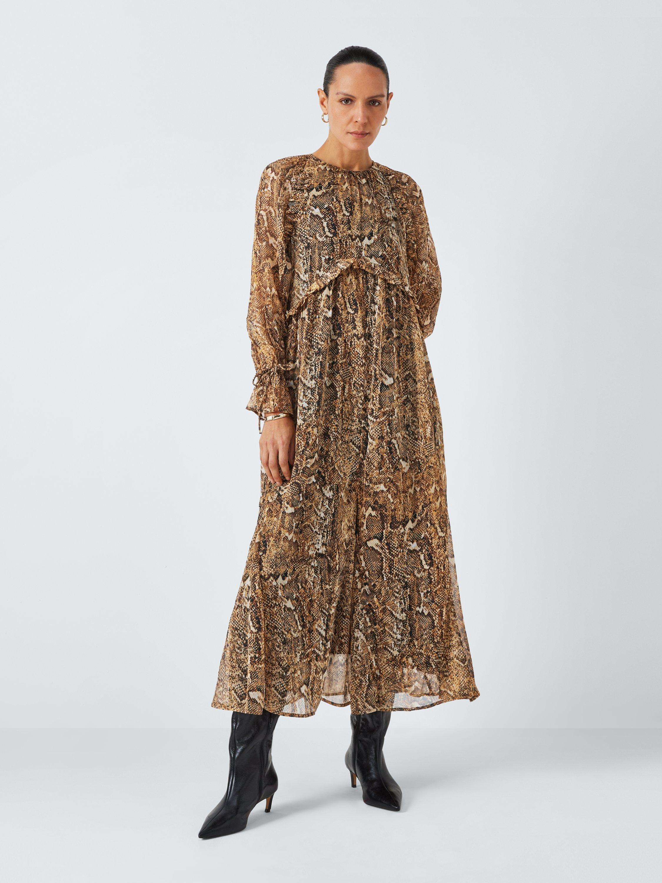 John Lewis Snake Print Frill Maxi Dress Brown Multi