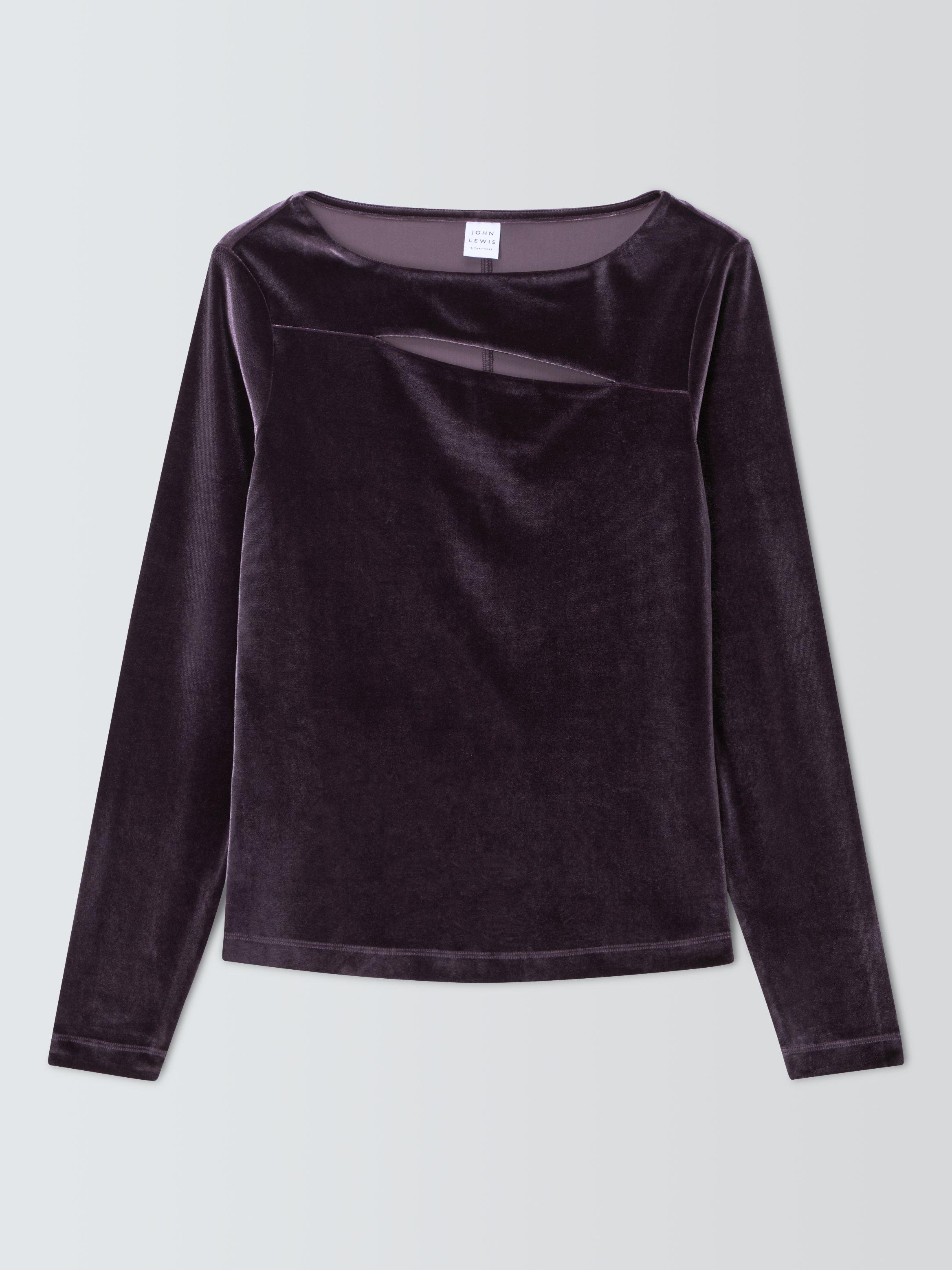 John Lewis Long Sleeve Cut Out Velvet Top, Purple, 20