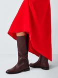 John Lewis Tulip Leather French Western Low Heel Knee High Boots, Red