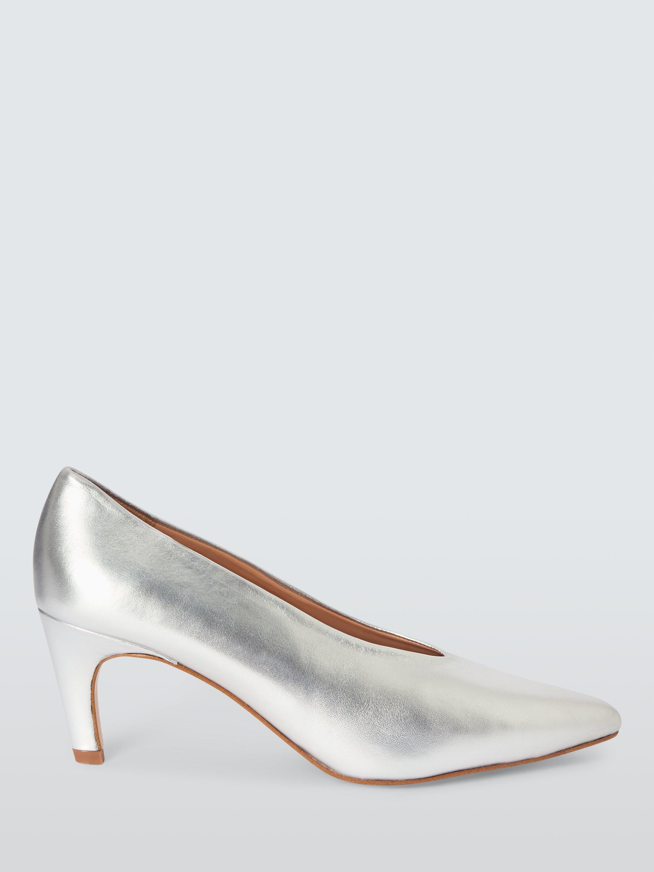 Product image 1 of 6, which shows John Lewis Ammie Leather Curve Heel High Vamp Court Shoes, Silver, 3