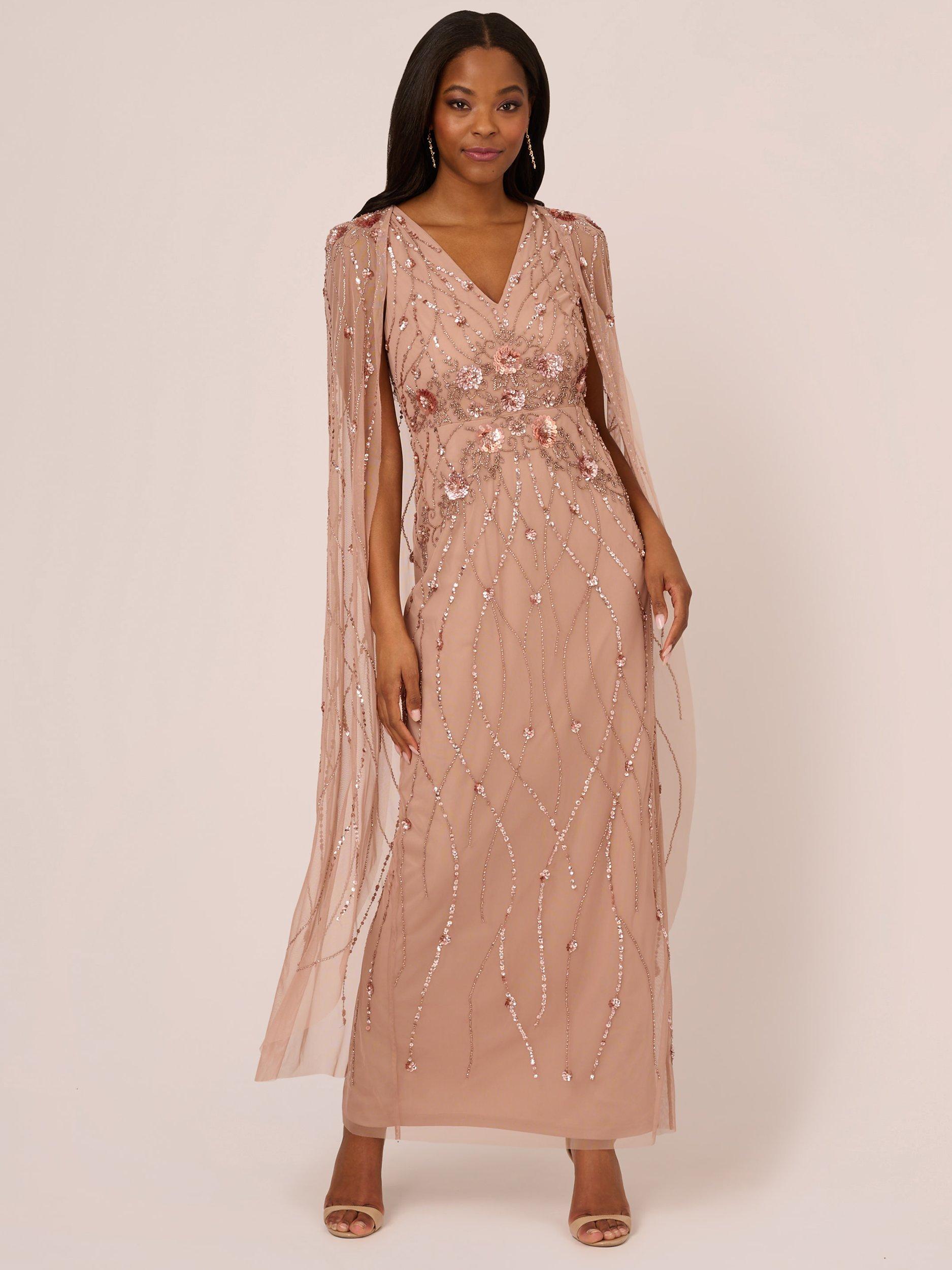 Adrianna Papell Beaded Long Cape Sleeve Maxi Dress Rose Gold