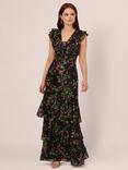 Adrianna Papell Flutter Tiered Chiffon Maxi Dress, Black/Multi