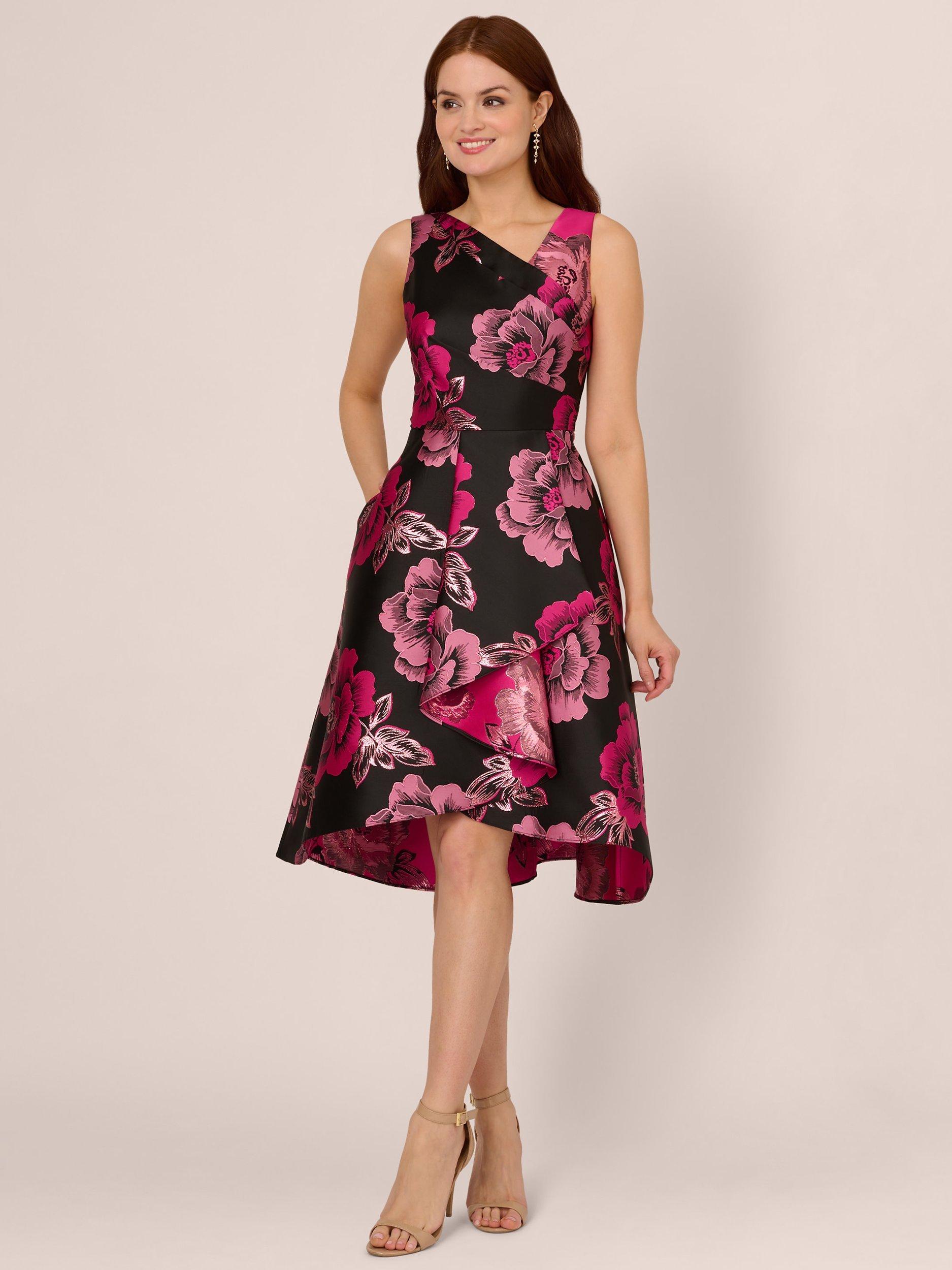 Adrianna Papell Floral Jacquard Flared Dress Black Pink
