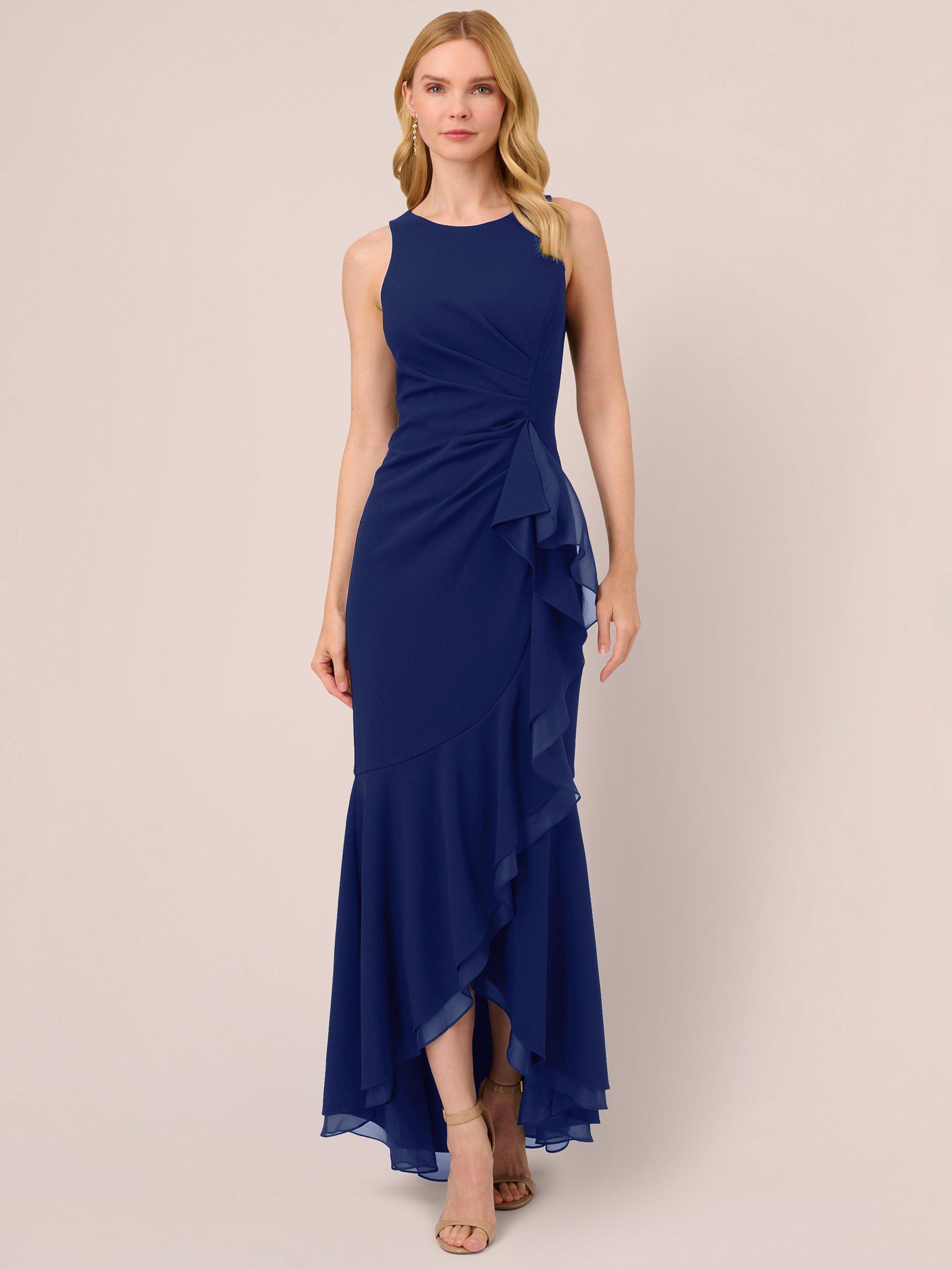 Adrianna Papell Ruffle Crepe Evening Gown Navy Sateen