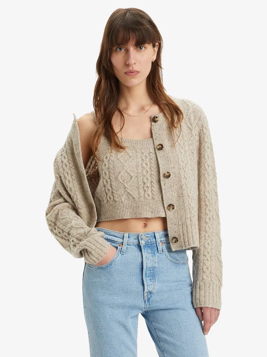 Levi s Primrose Cable Knit Wool Blend Cardigan Oat Heather Marl