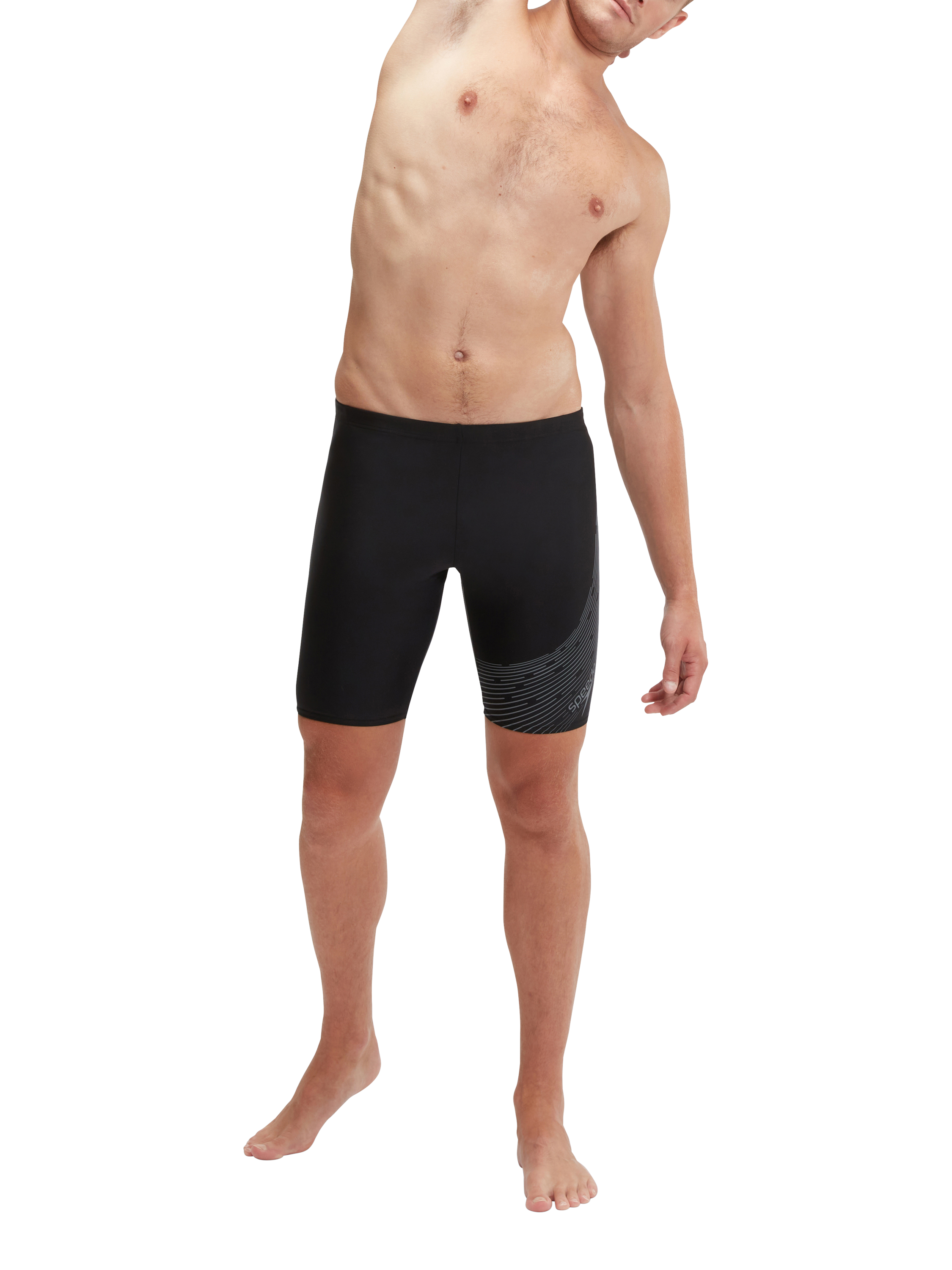 Product image 1 of 8, which shows Speedo Medley Logo Jammer Swim Shorts, Black / Usa Charcoal, 30