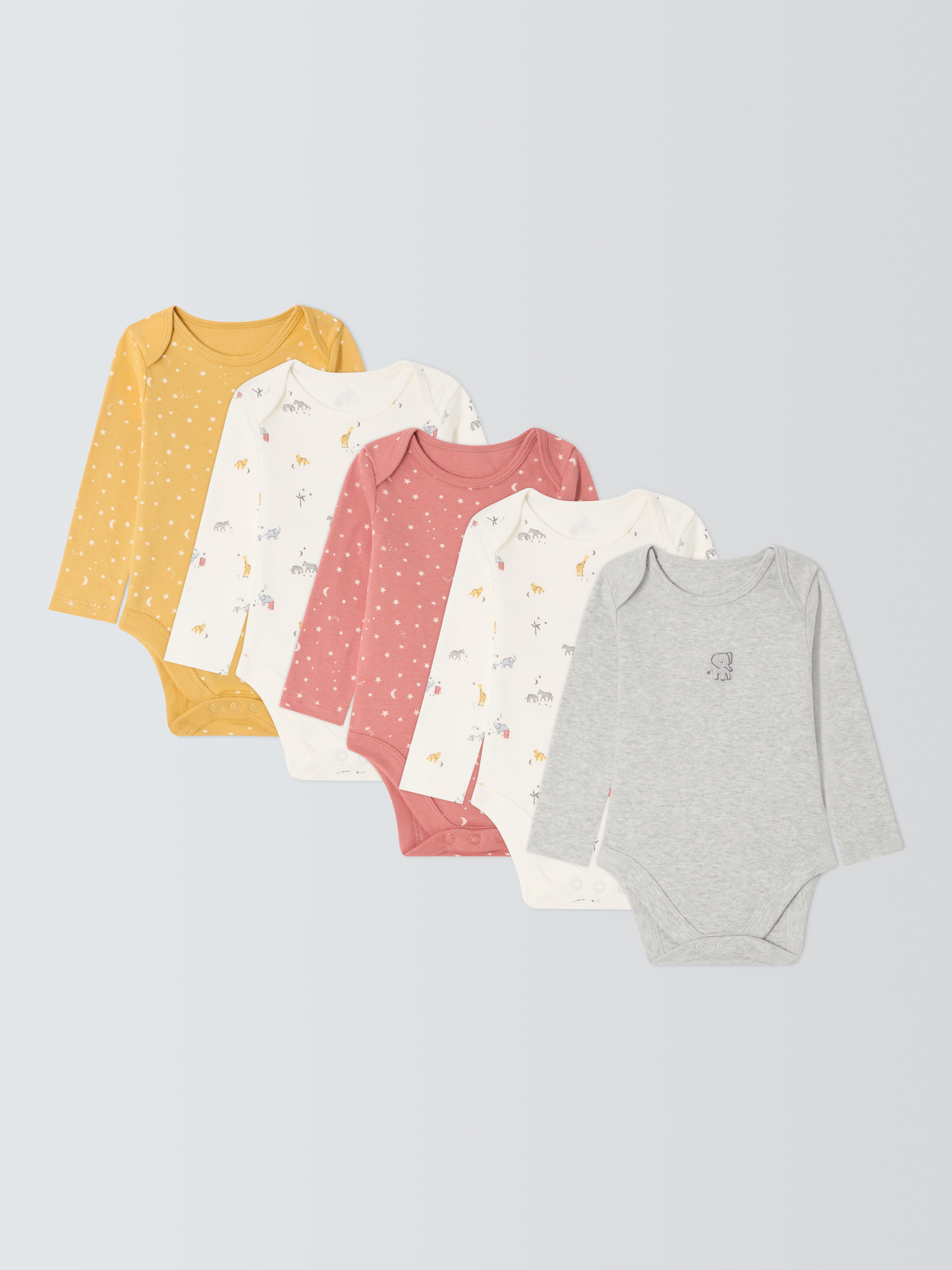 John Lewis Baby Safari Long Sleeve Bodysuit, Pack of 5