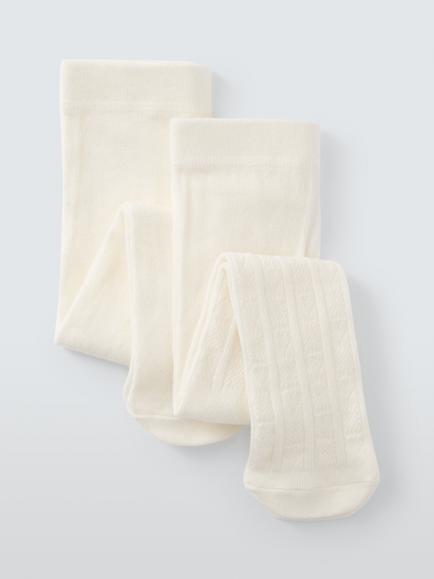 John Lewis Baby Plain & Cable Organic Cotton Rich Tights, Pack of 2, Multi, Multi
