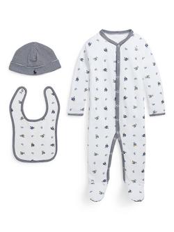 Ralph Lauren Baby Baby Coverall, Bib & Hat Gift Set, 3 Piece, White/Multi