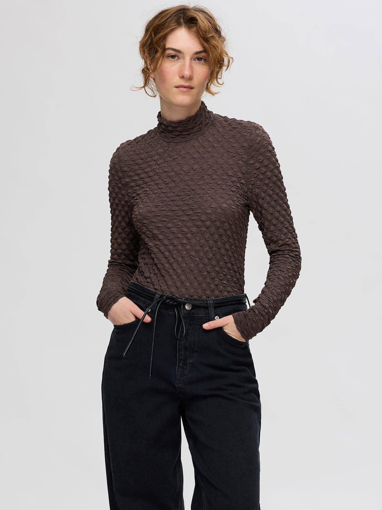 Product image 1 of 4, which shows Selected Timmi Textured Long Sleeve Top, Tobacco Brown, 36