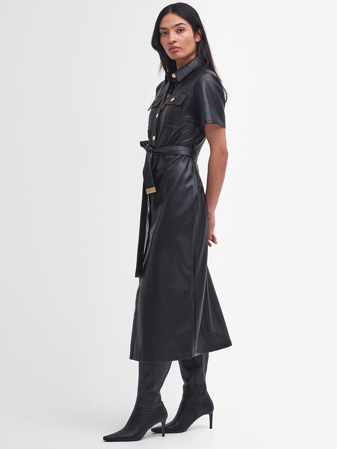 Barbour International Aria Short Sleeve Faux Leather Midi Dress Black