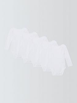 John Lewis Baby Ribbed Cotton Long Sleeve Bodysuits, Pack of 5, White, White