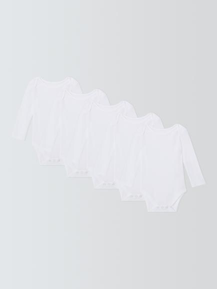John Lewis Baby Ribbed Cotton Long Sleeve Bodysuits, Pack of 5, White, White