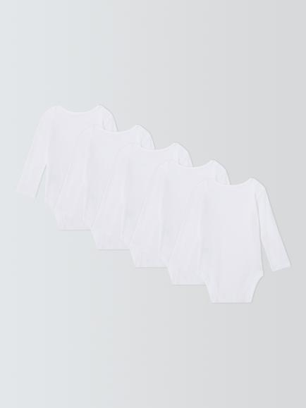 John Lewis Baby Ribbed Cotton Long Sleeve Bodysuits, Pack of 5, White - view 2, White