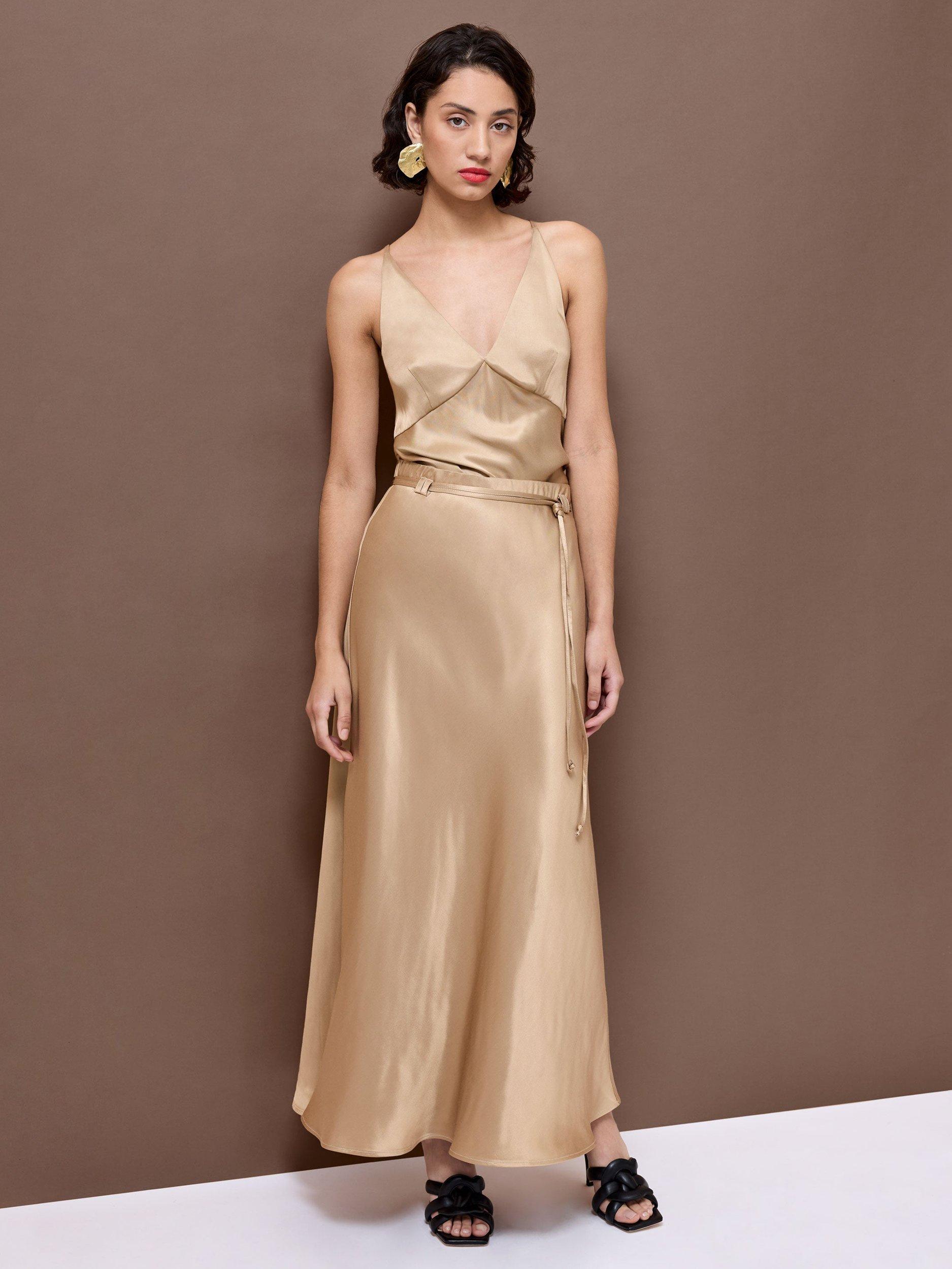 Champagne satin maxi shops dress