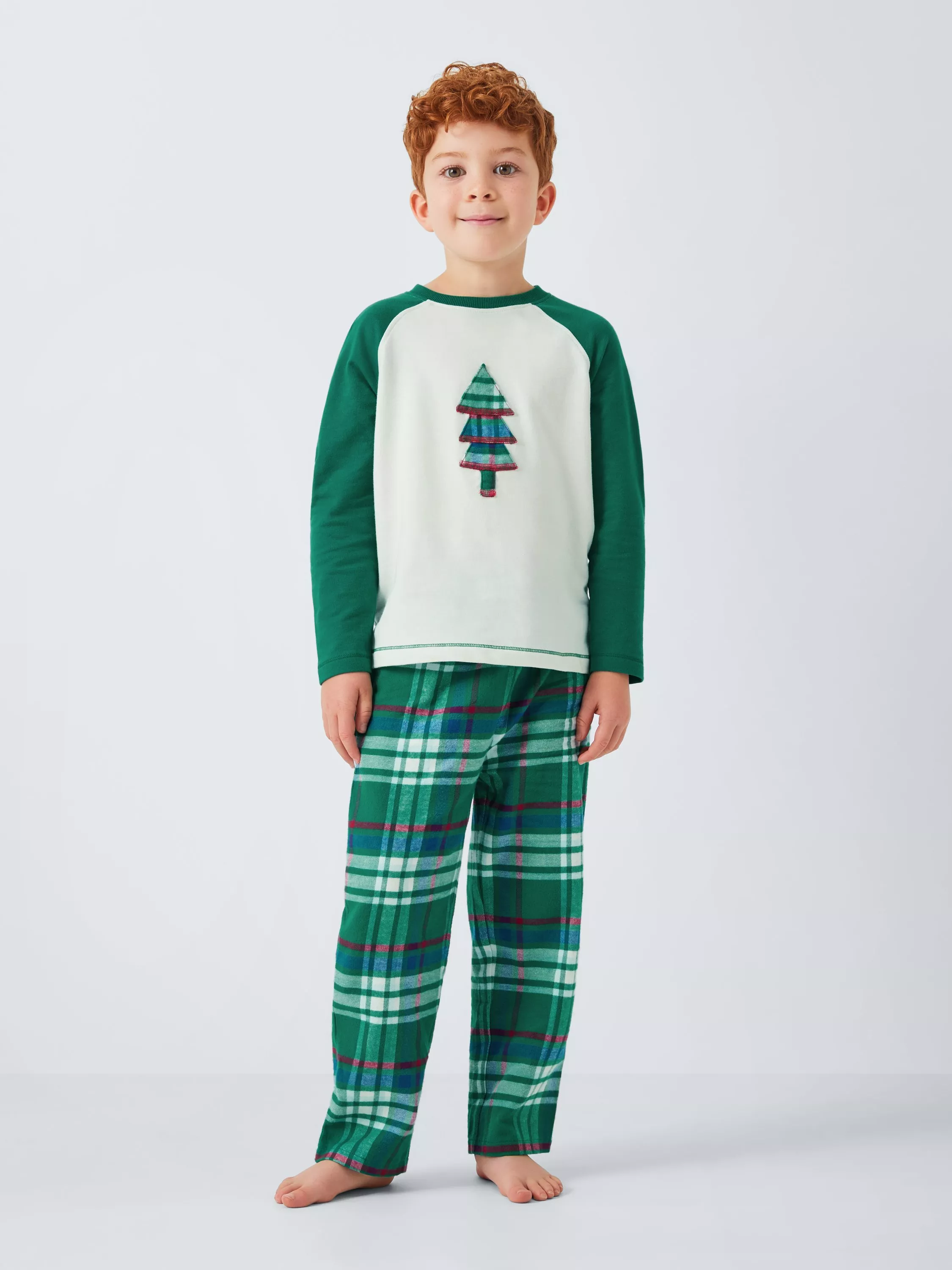 John Lewis Kids Christmas Tree Check Pyjamas Green