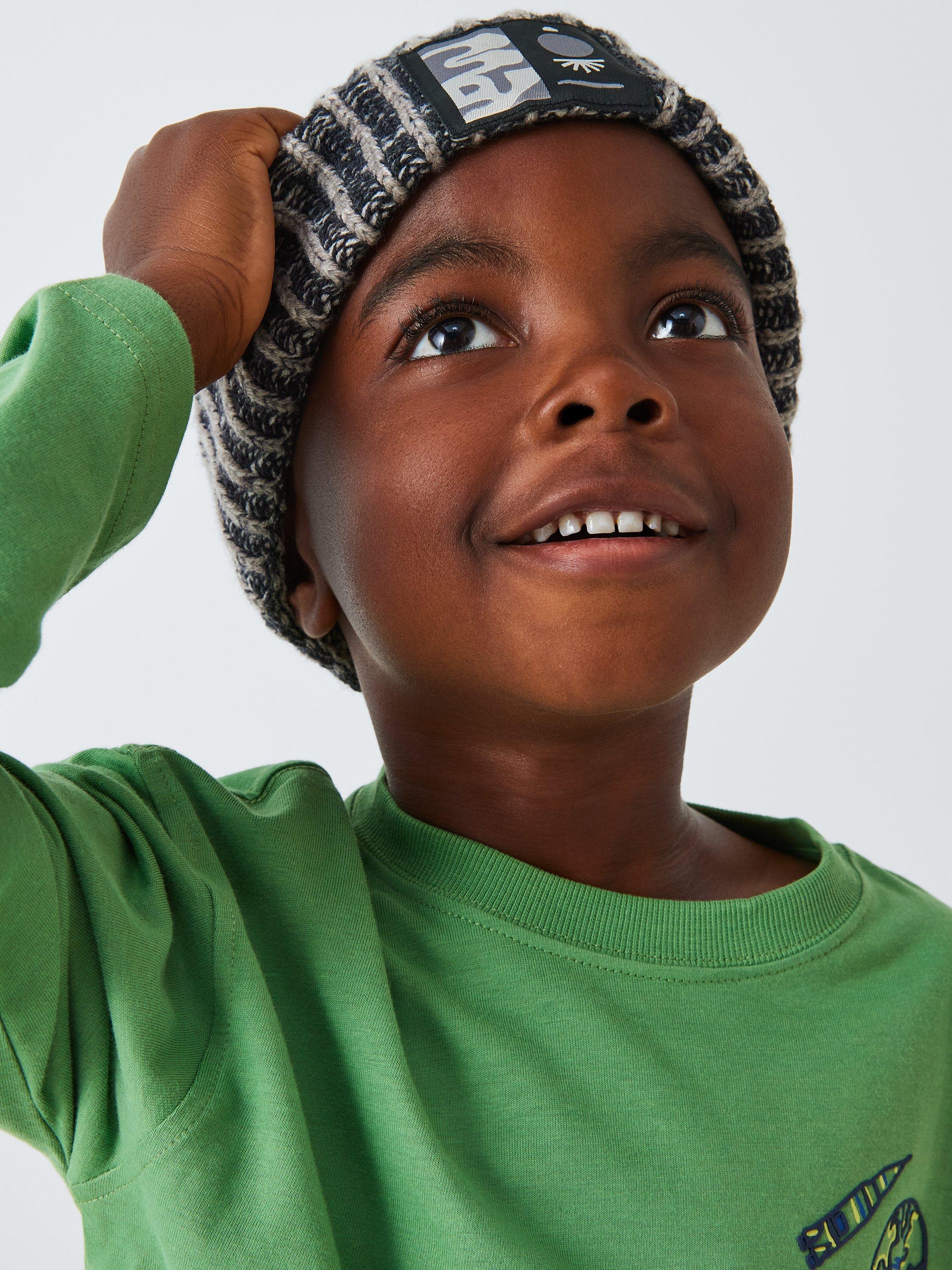 Product image 2 of 4, which shows John Lewis Kids' Badge Knitted Beanie Hat, Grey, 3-5 years