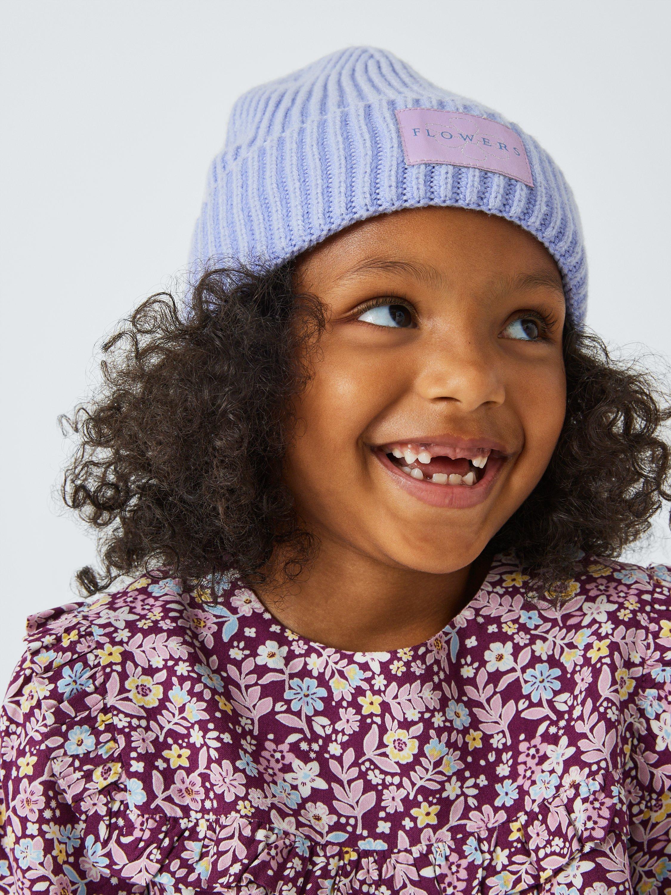 Product image 1 of 4, which shows John Lewis Kids' Flowers Badge Beanie Hat, Purple, 3-5 years