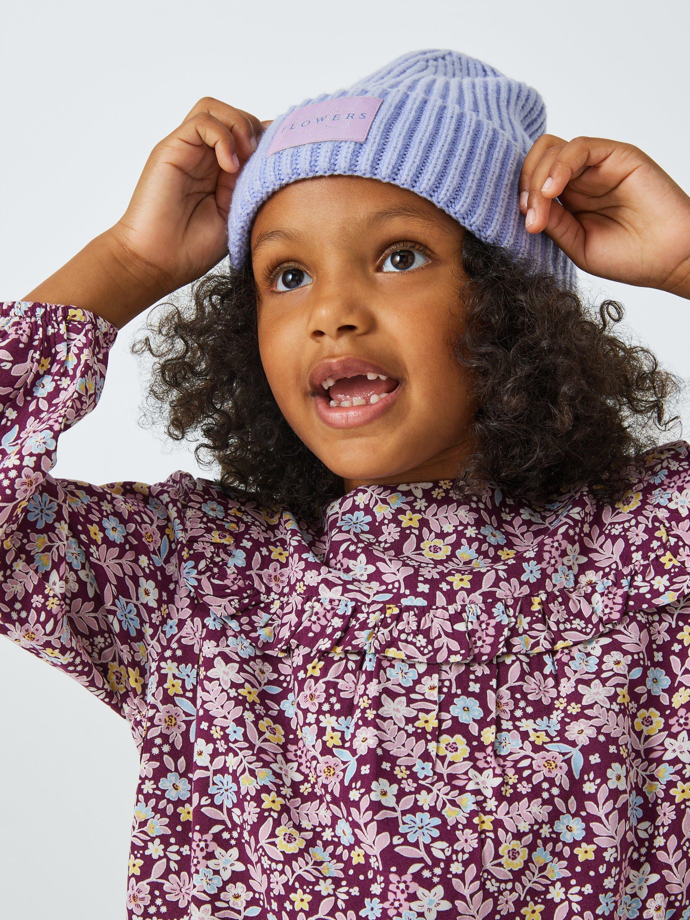 Product image 3 of 4, which shows John Lewis Kids' Flowers Badge Beanie Hat, Purple, 3-5 years