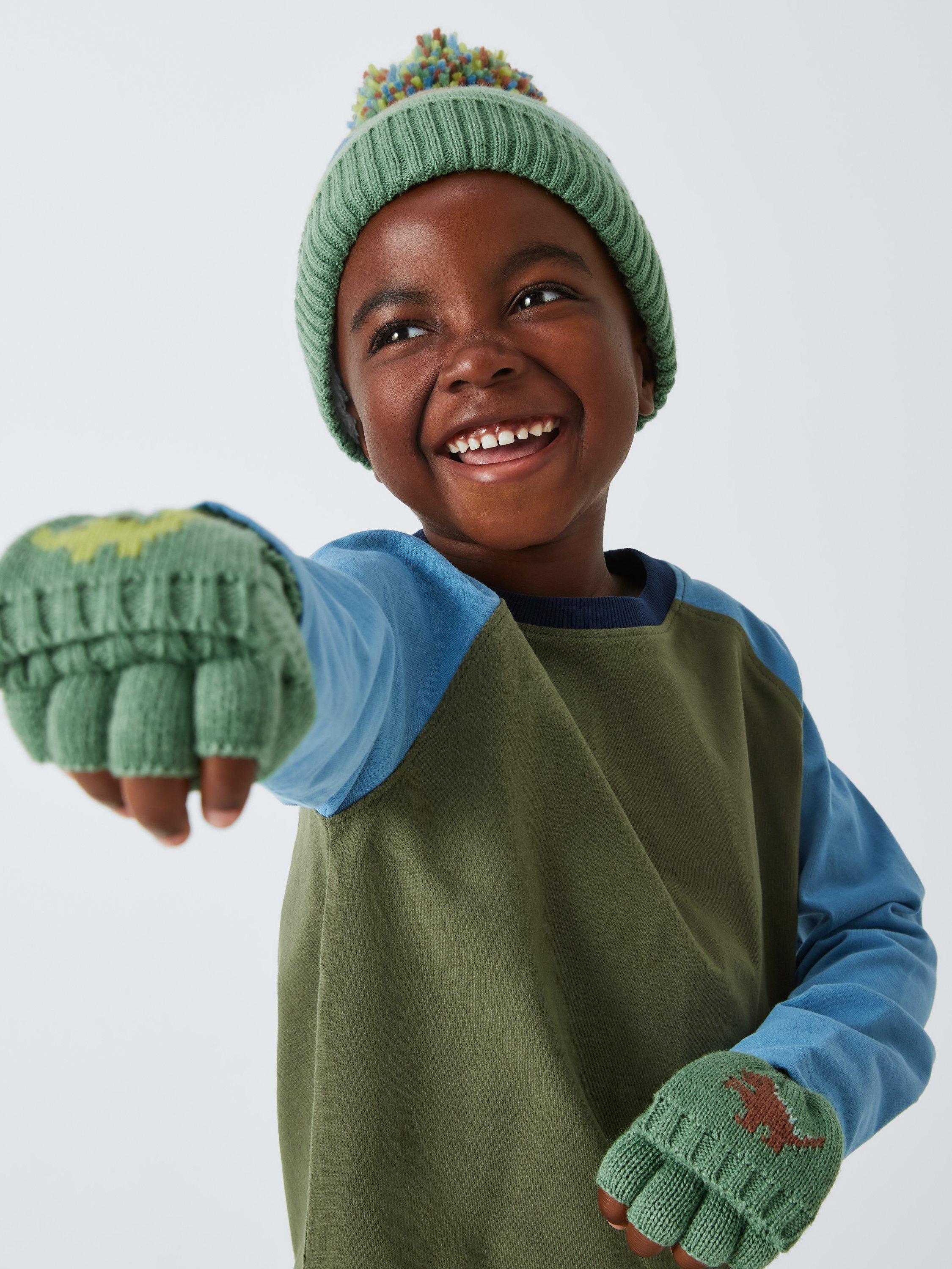 Product image 4 of 4, which shows John Lewis Kids' Dinosaur Flip Top Gloves, Green, 9-12 years