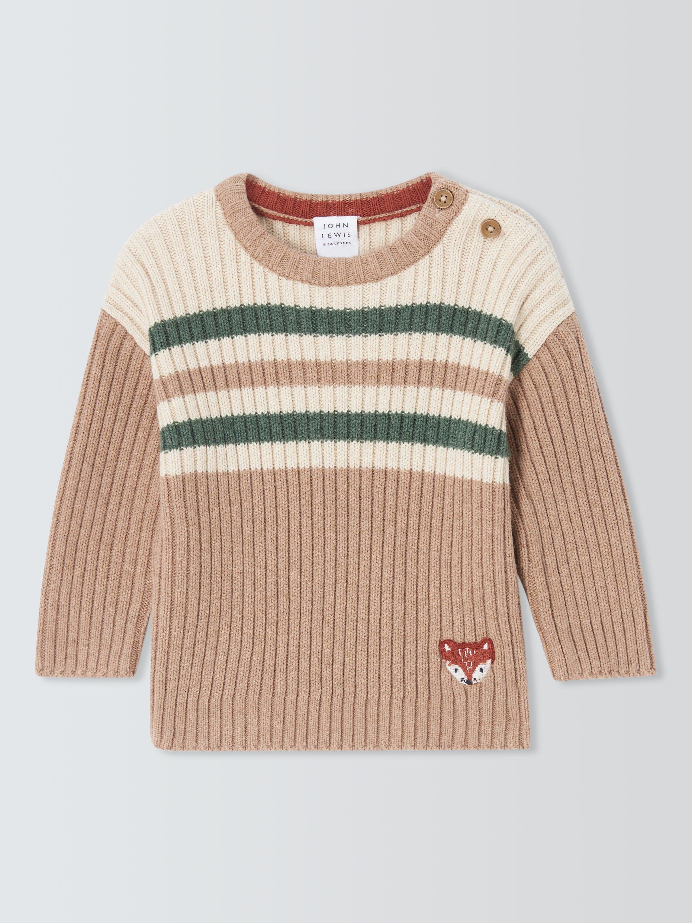 John Lewis Baby Striped Fox Cotton Wool Blend Jumper Multi