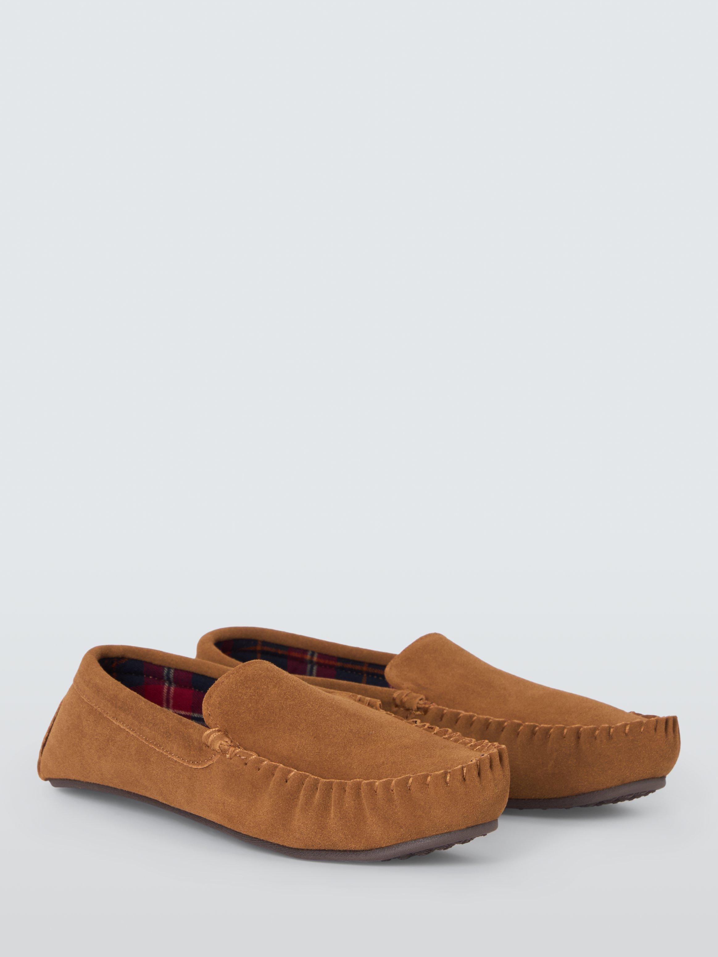 Product image 3 of 6, which shows John Lewis Suede Tartan Lined Moccasin Slippers, Chestnut, 10