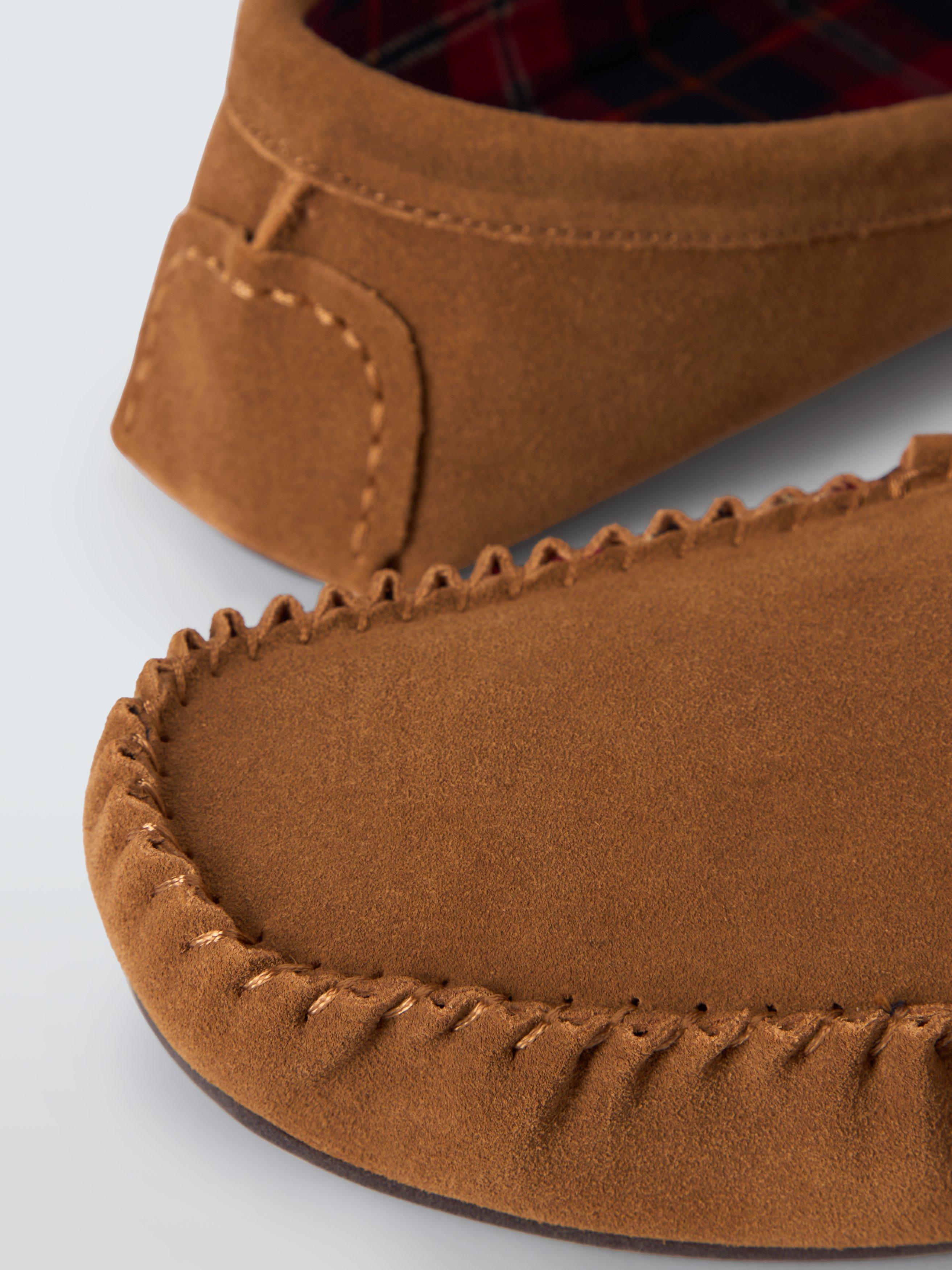 Product image 4 of 6, which shows John Lewis Suede Tartan Lined Moccasin Slippers, Chestnut, 10