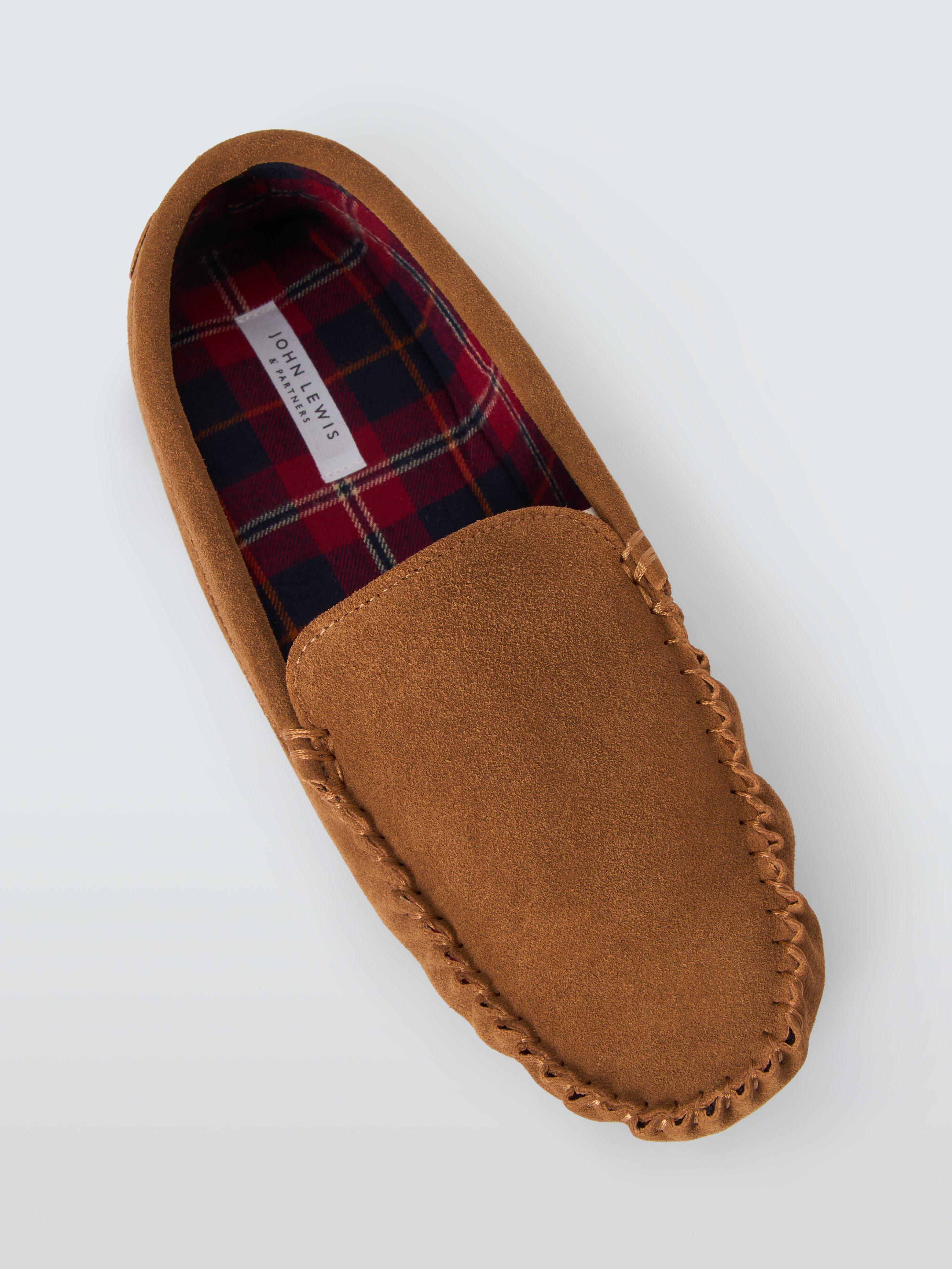 John Lewis Suede Tartan Lined Moccasin Slippers Chestnut