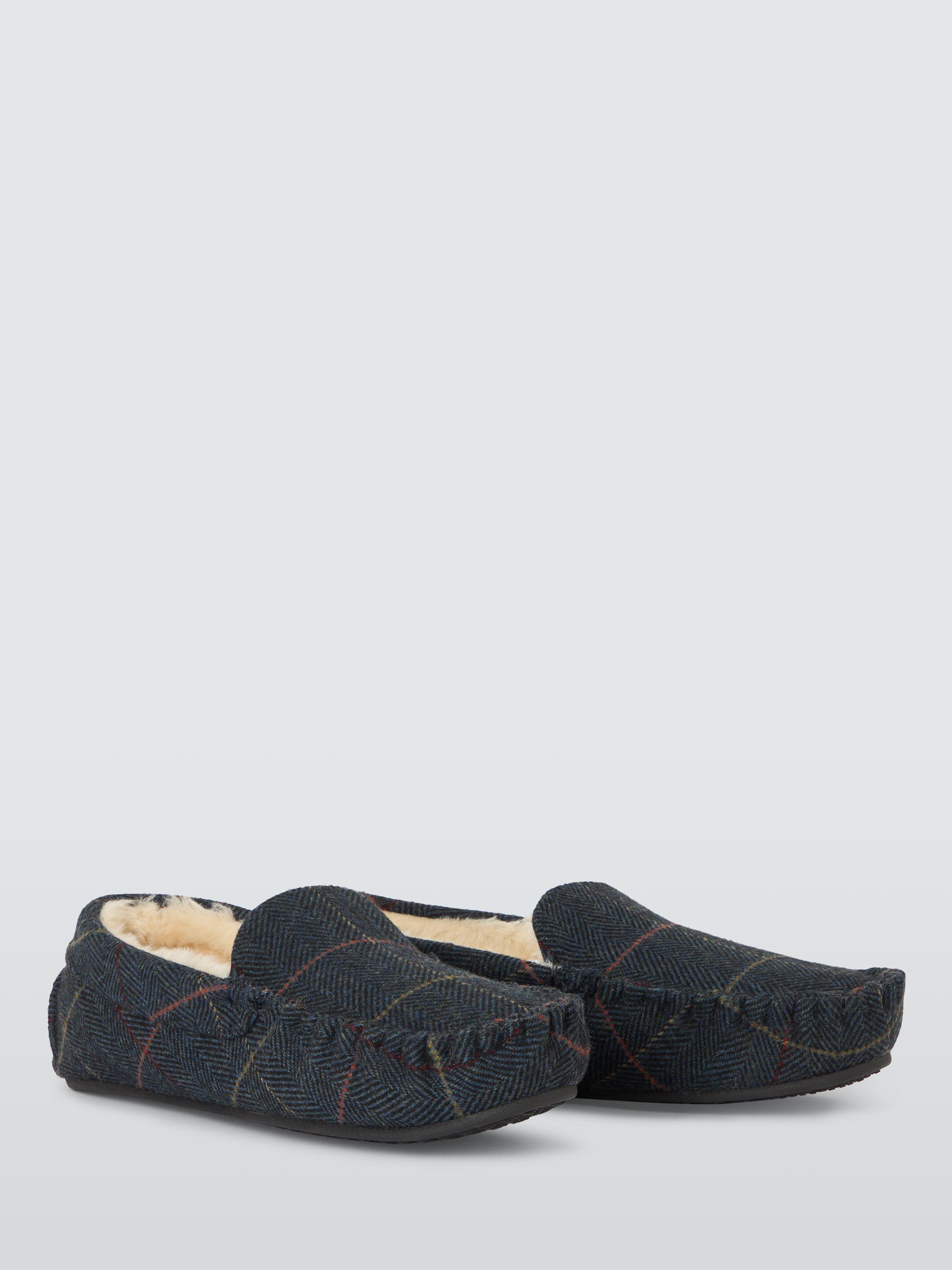 Product image 2 of 4, which shows John Lewis Faux Fur Lined Herringbone & Check Mocassins, Navy, 7