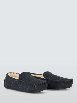 John Lewis Faux Fur Lined Herringbone & Check Mocassins, Navy - view 2, Navy