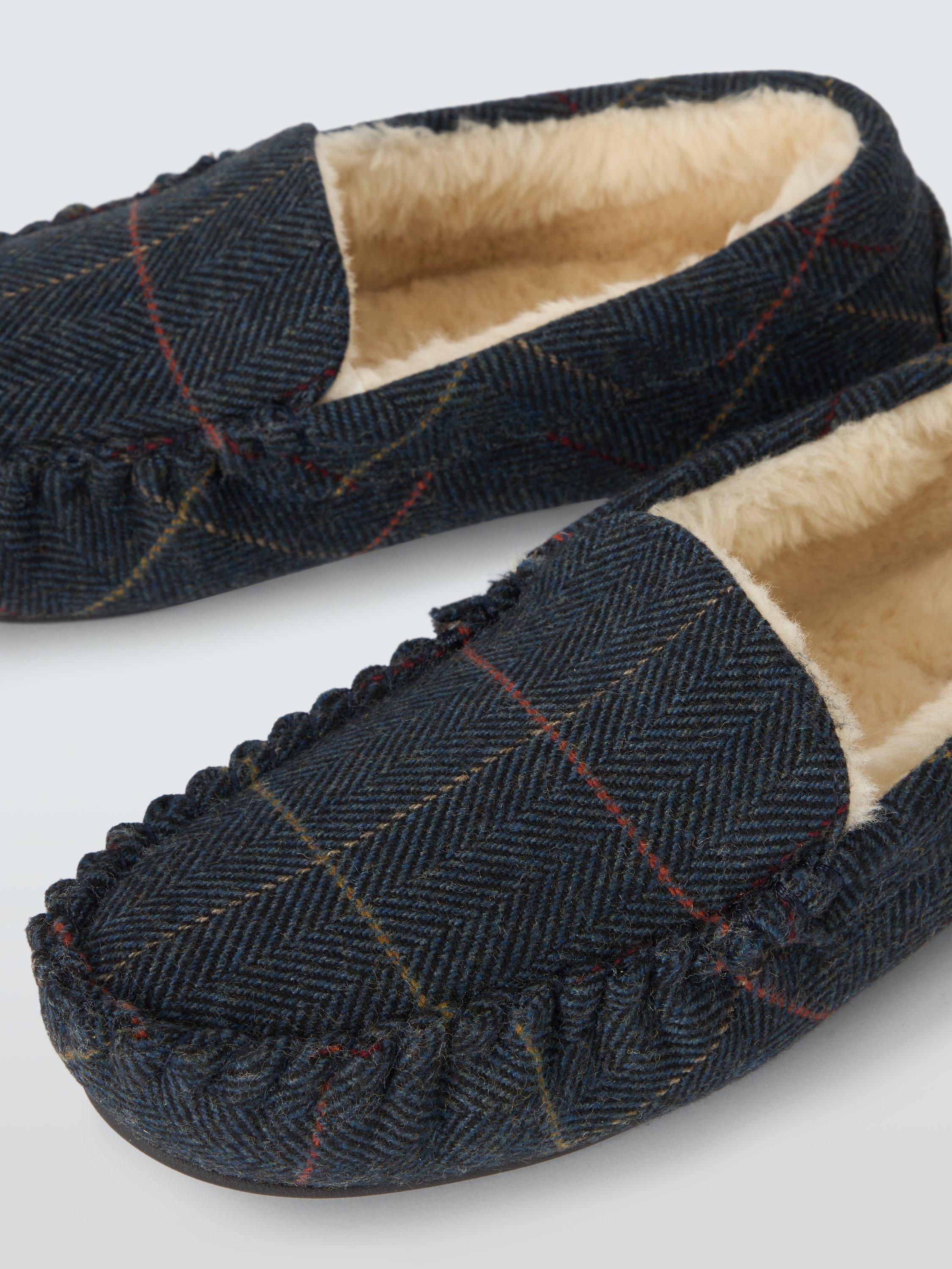 Product image 3 of 4, which shows John Lewis Faux Fur Lined Herringbone & Check Mocassins, Navy, 7