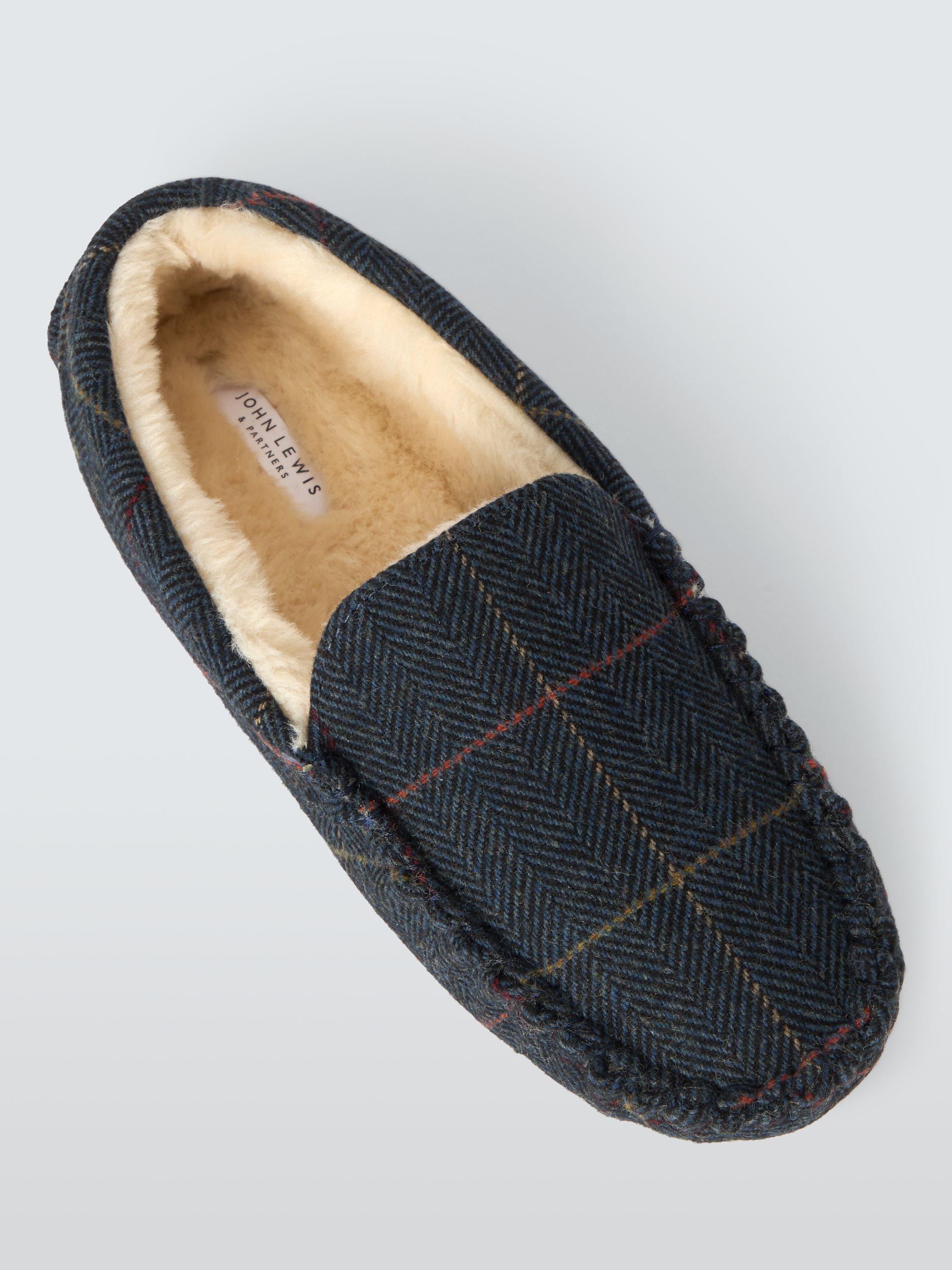 Product image 4 of 4, which shows John Lewis Faux Fur Lined Herringbone & Check Mocassins, Navy, 7