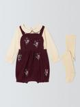 John Lewis Heirloom Collection Baby Blouse, Floral Embroidered Short Dungarees and Tights Set, Red