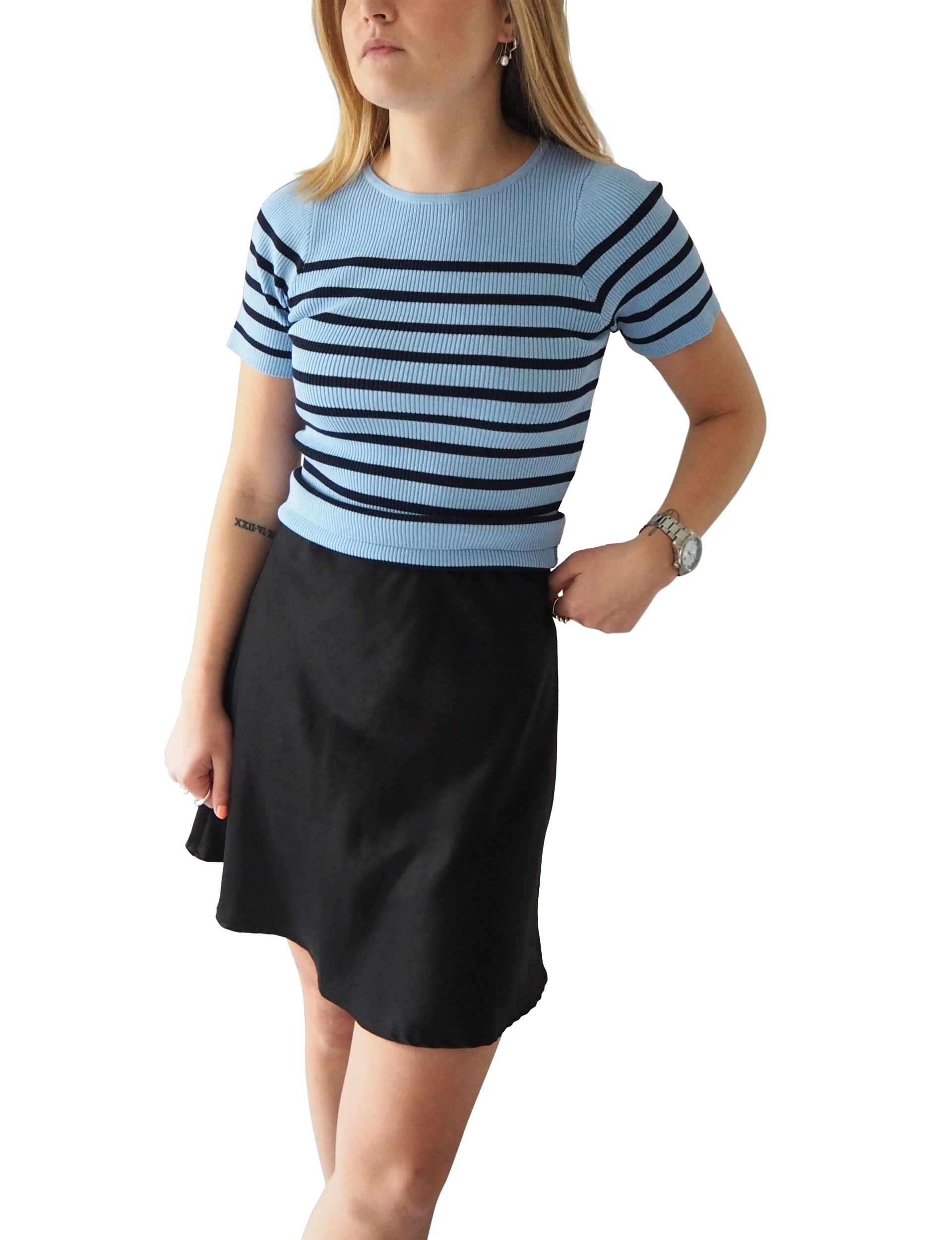 A-VIEW Rib Stripe Short Sleeve Top, Blue/Navy