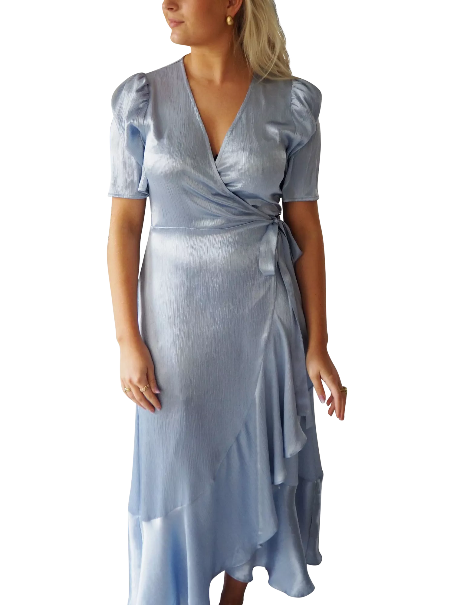 Light blue satin wrap dress hotsell