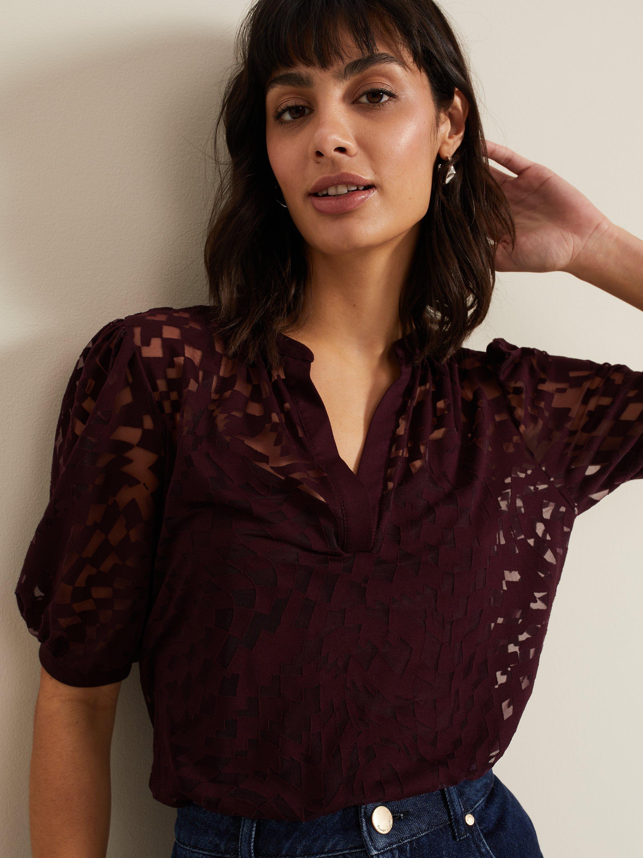 Phase Eight Cleo Abstract Print Sheer Blouse Burgundy