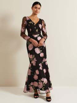 Phase Eight Genny Floral Embroidered Maxi Dress, Black/Multi, Black/Multi
