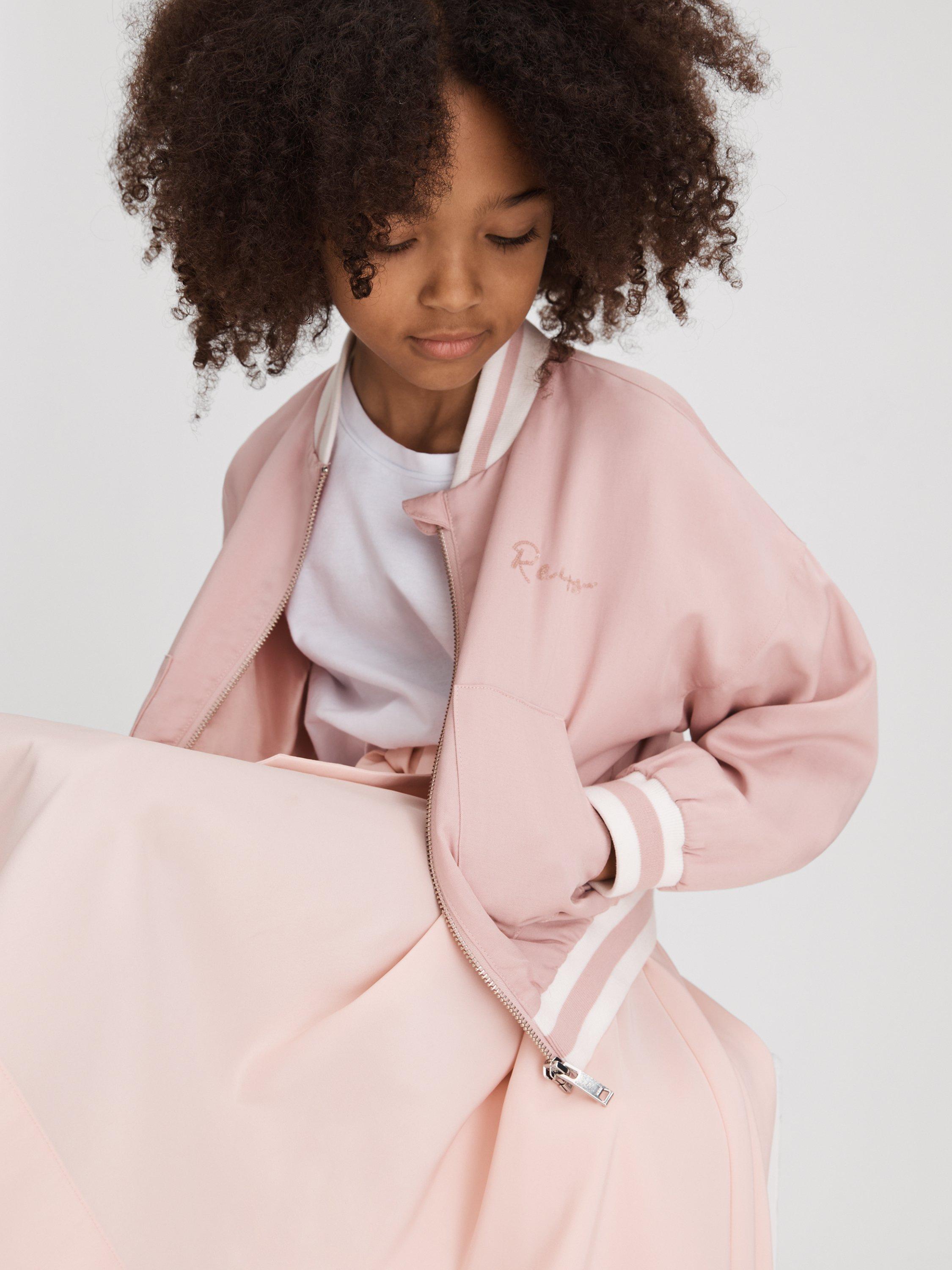 Reiss Kids' Remi Logo Colour Block Varsity Bomber Jacket, Pink