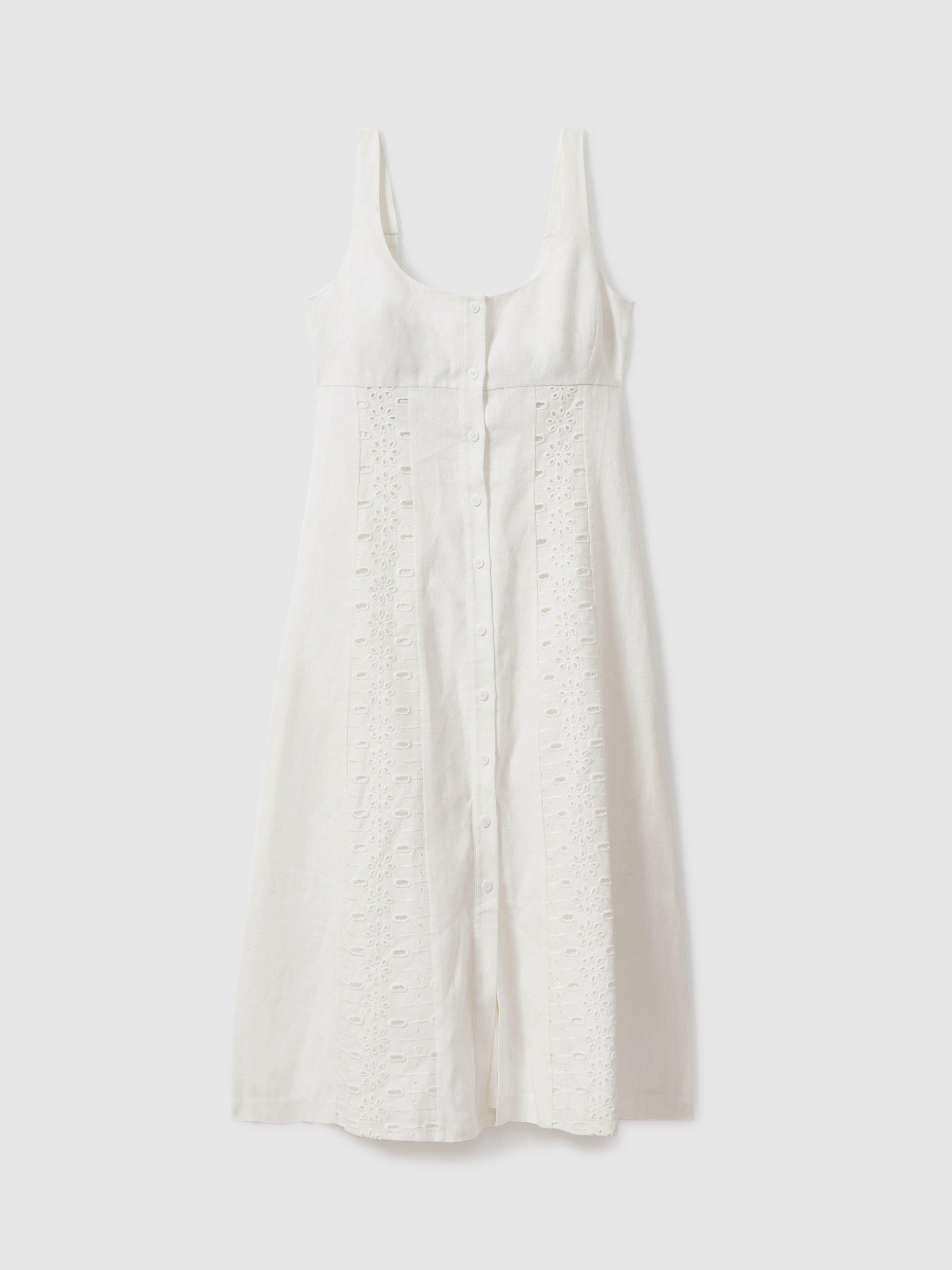 Reiss Clarice Broderie Linen Midi Dress, Ivory, 6