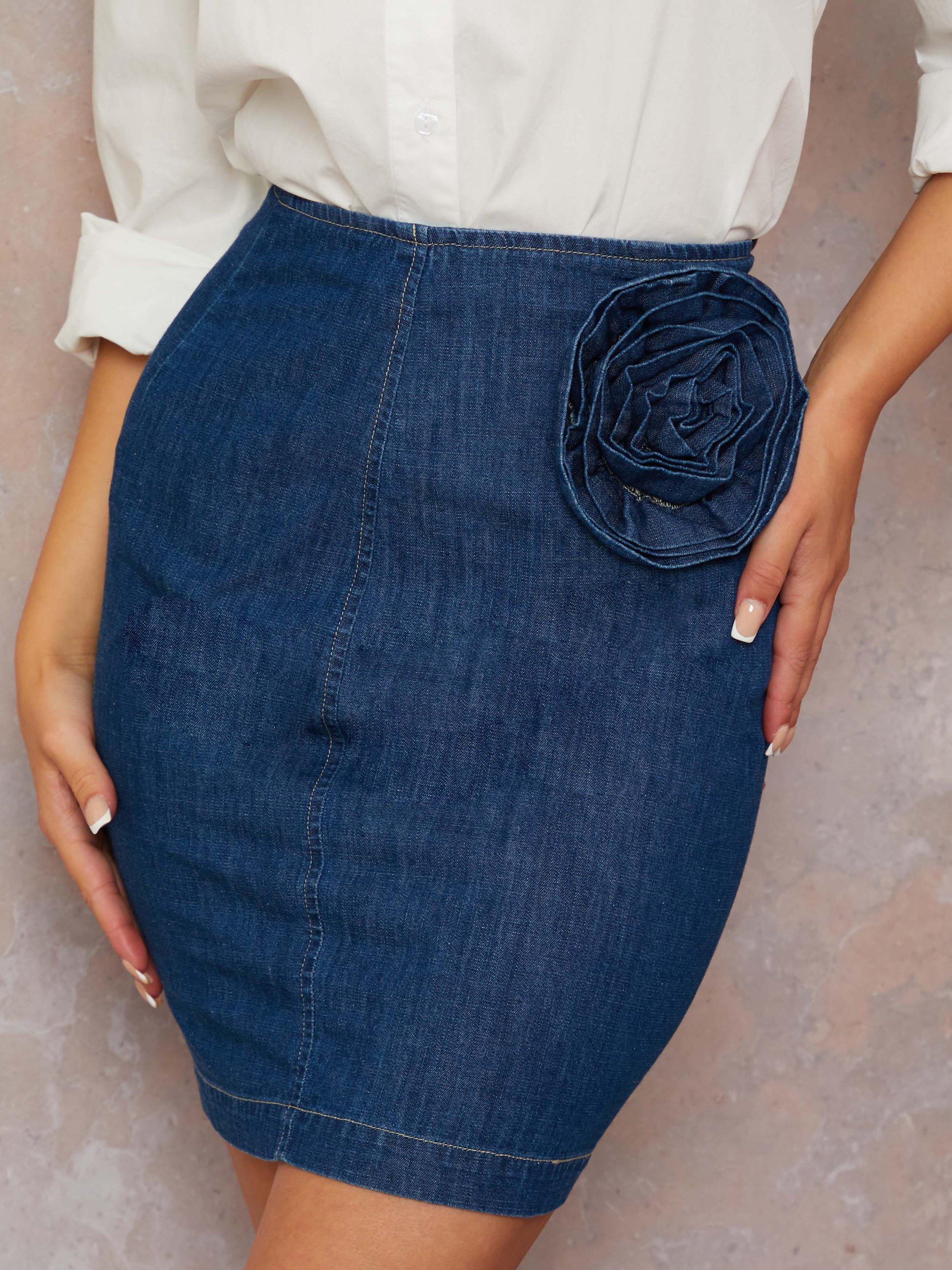 Product image 3 of 4, which shows Chi Chi London Rose Applique Denim Mini Skirt, Blue, 6
