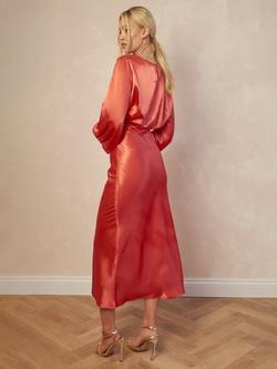 Chi Chi London Satin Midi Slip Skirt, Red - view 2, Red