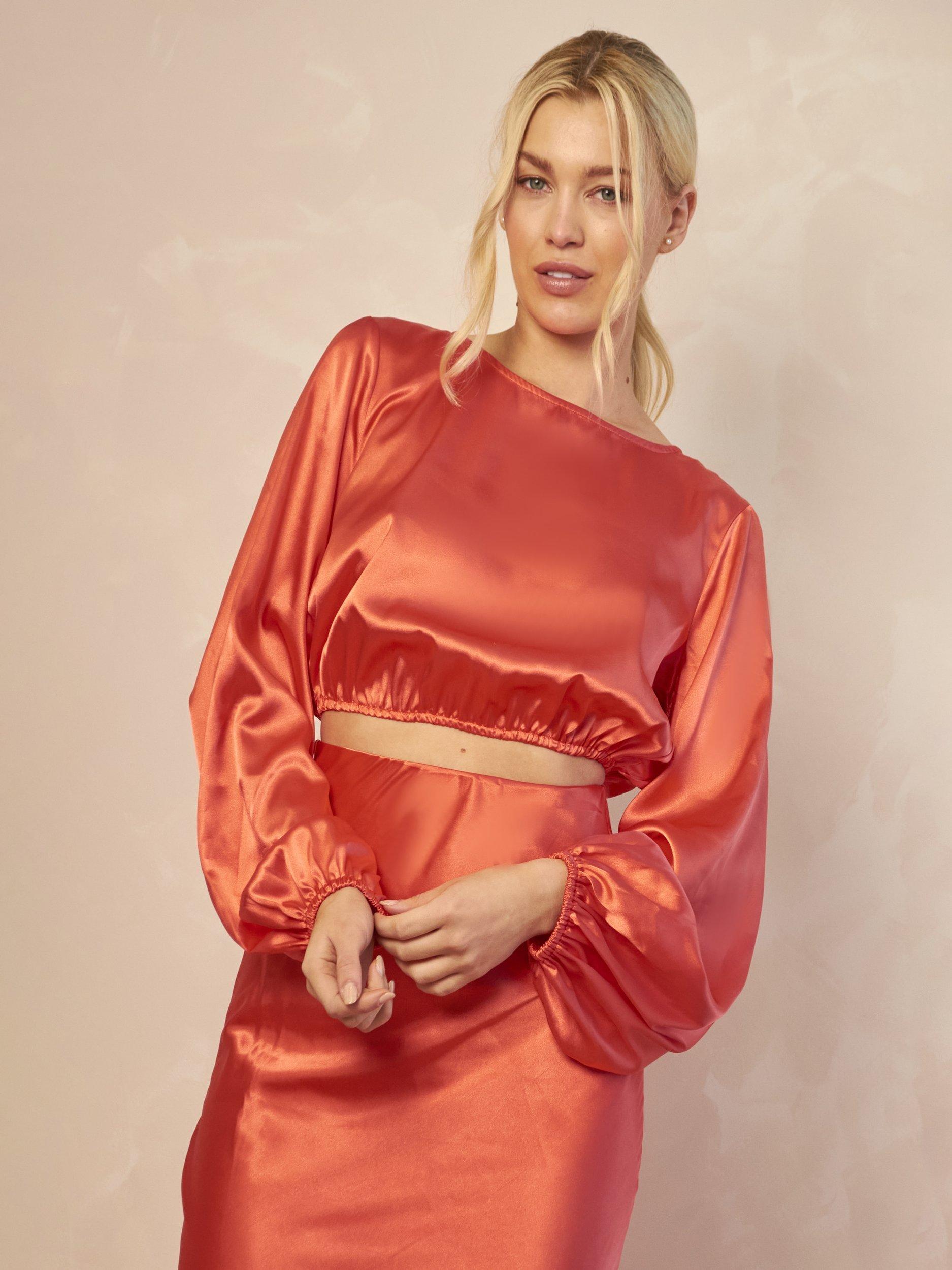 Product image 3 of 4, which shows Chi Chi London Satin Midi Slip Skirt, Red, 6