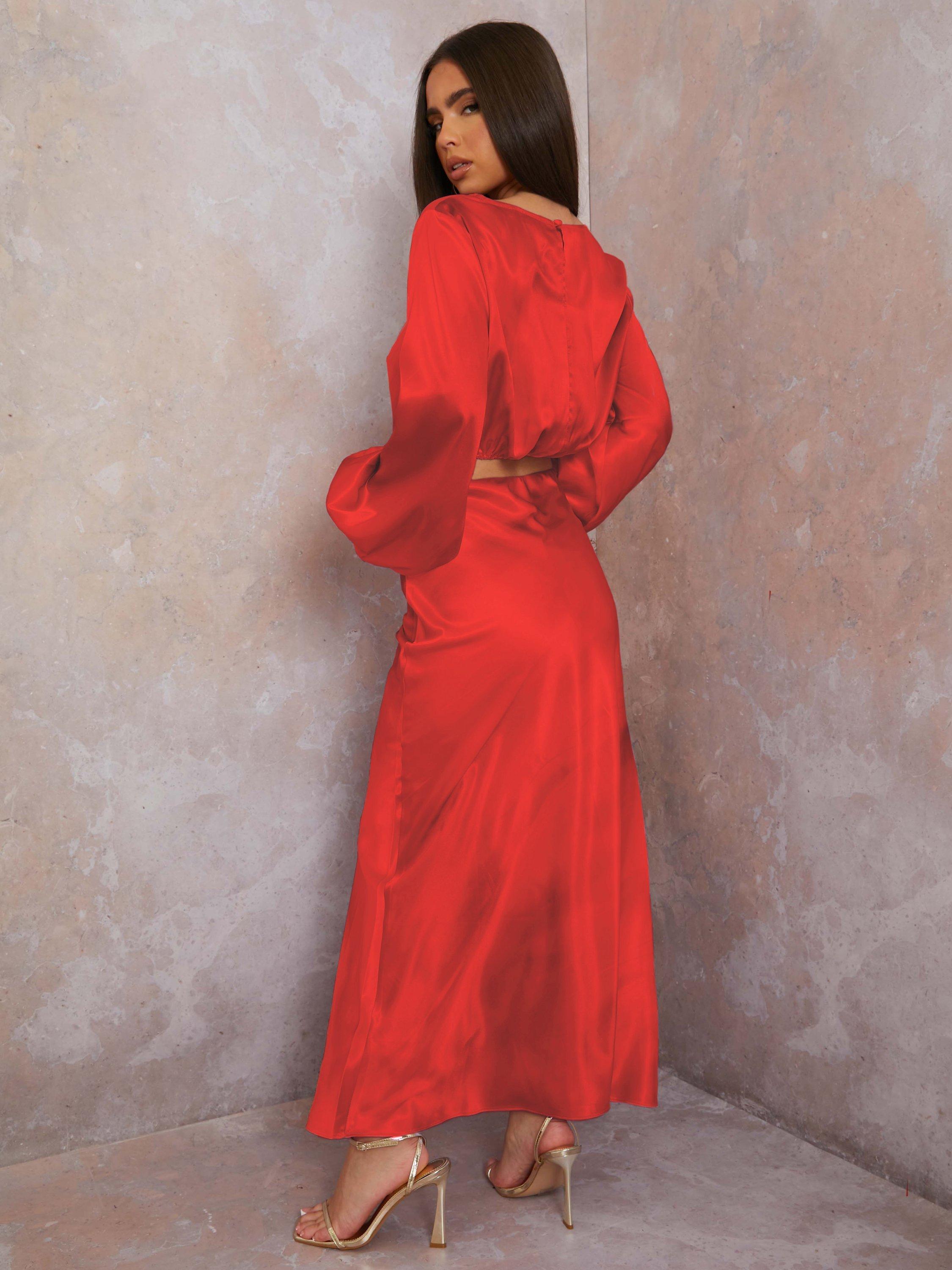 Product image 4 of 4, which shows Chi Chi London Satin Midi Slip Skirt, Red, 6