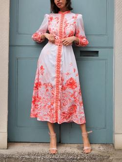 Raishma Cora Floral Print High Neck Midi Dress, Orange/White, Orange/White